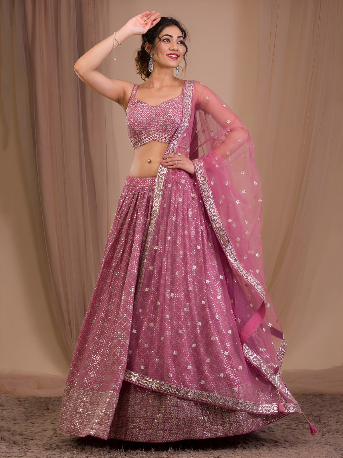 Pink Chevron Sequins Georgette Lehenga Choli