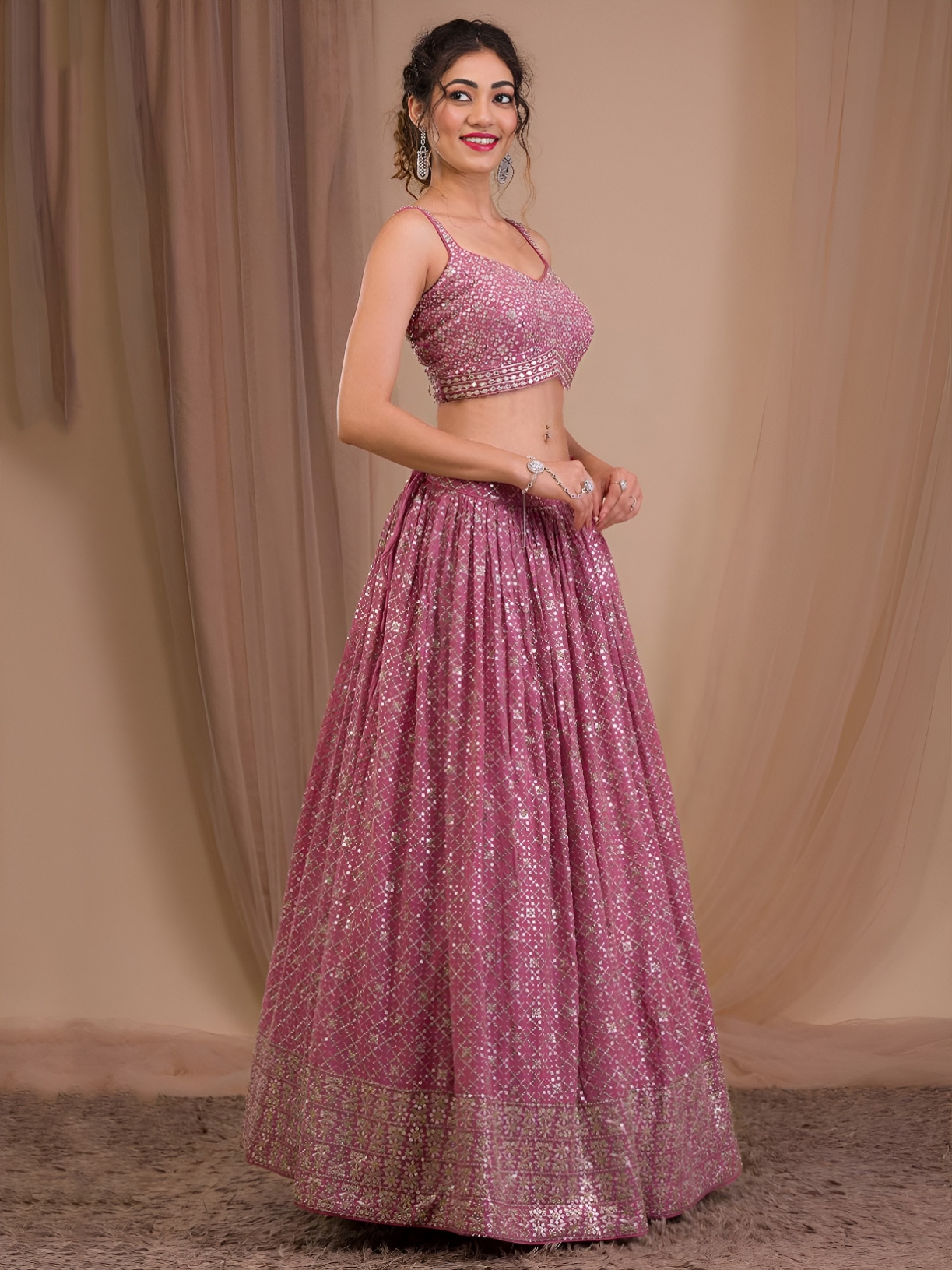 Pink Chevron Sequins Georgette Lehenga Choli