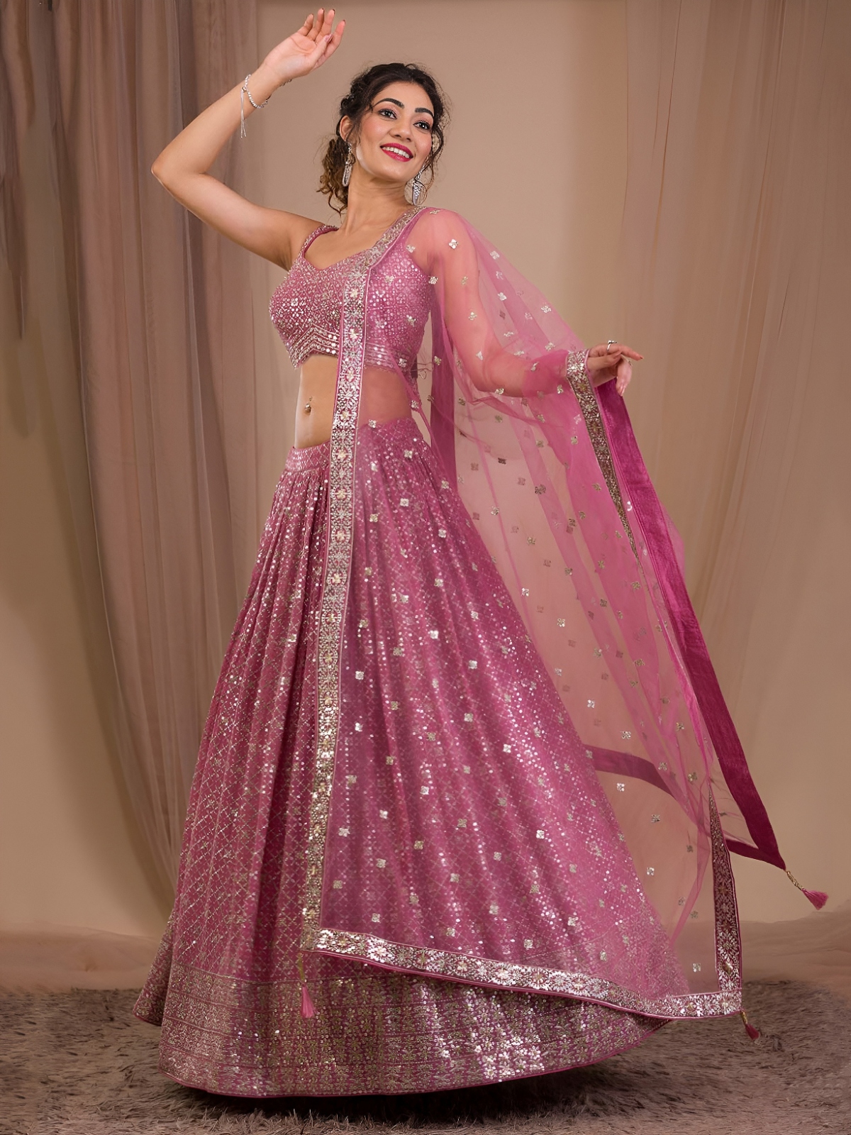 Pink Chevron Sequins Georgette Lehenga Choli