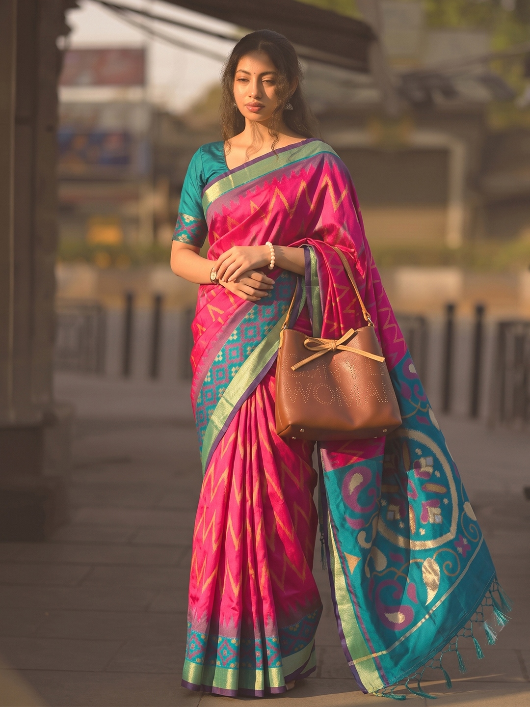 Pink Chevron Woven Soft Silk Saree