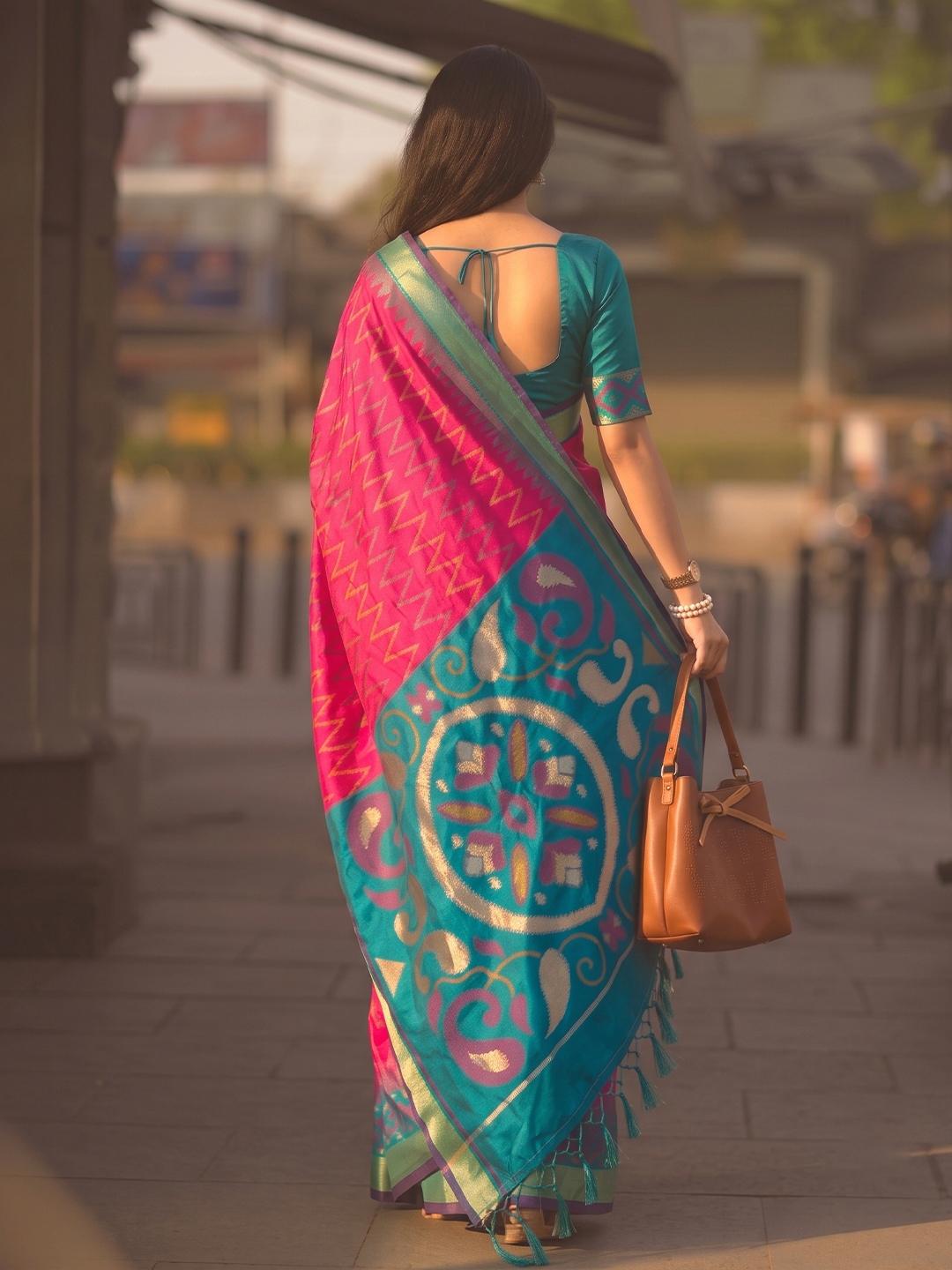 Pink Chevron Woven Soft Silk Saree — alternate view