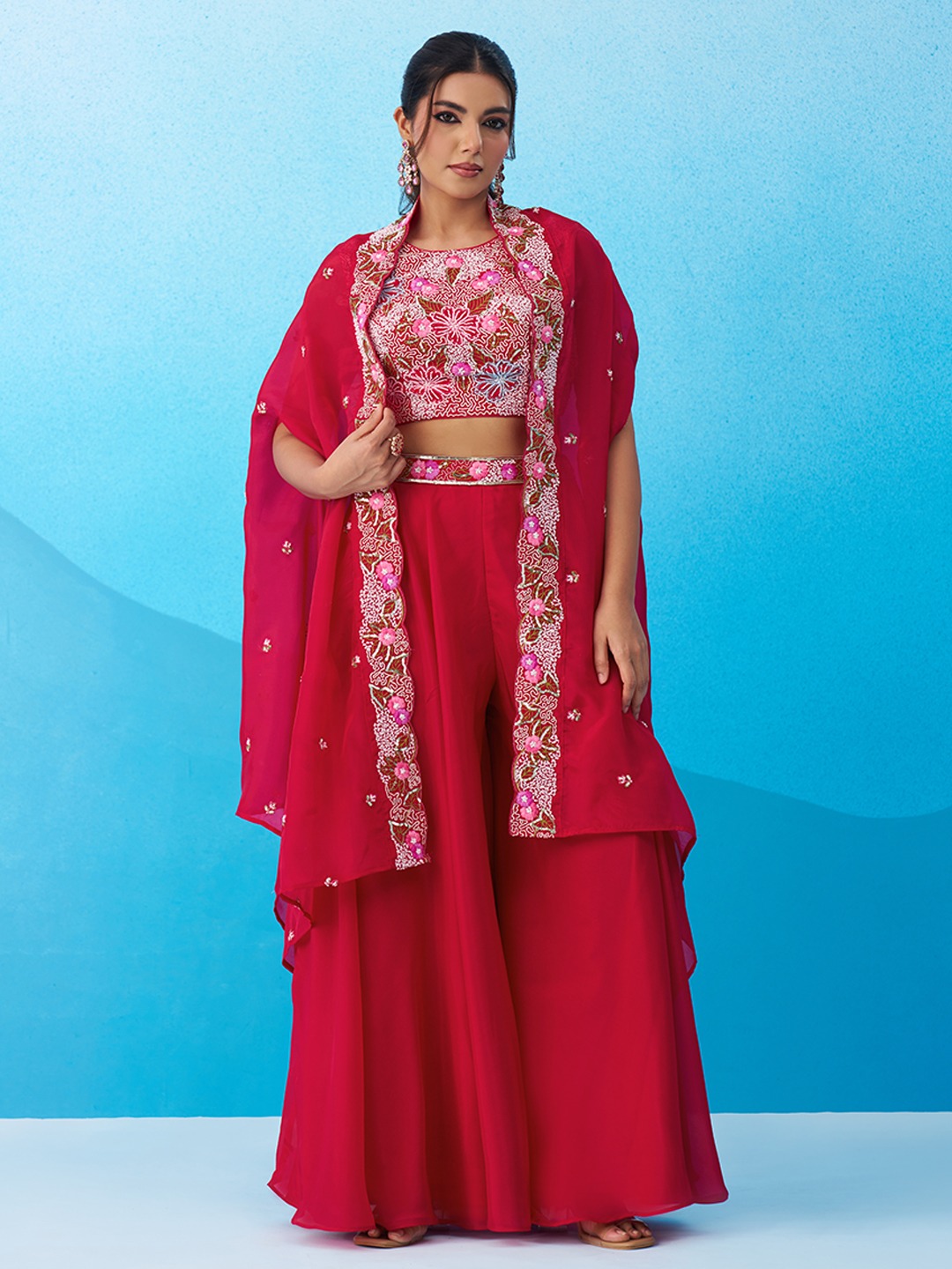 Pink Chic Layered Embroidered Crepe Indo Western Set