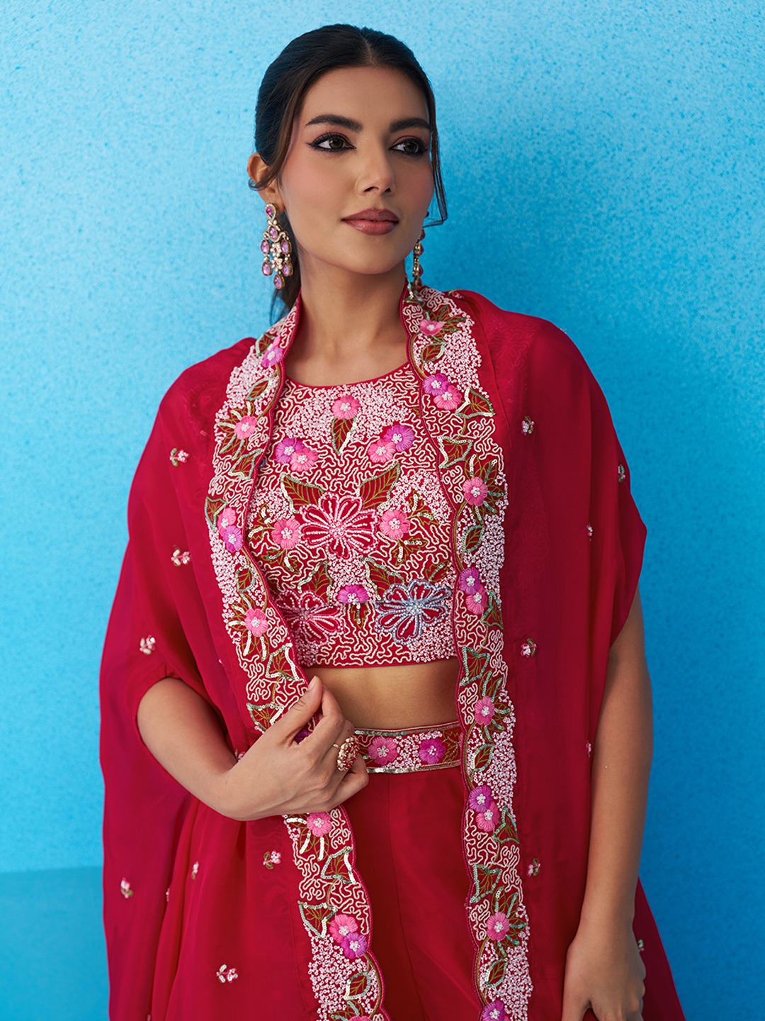 Pink Chic Layered Embroidered Crepe Indo Western Set
