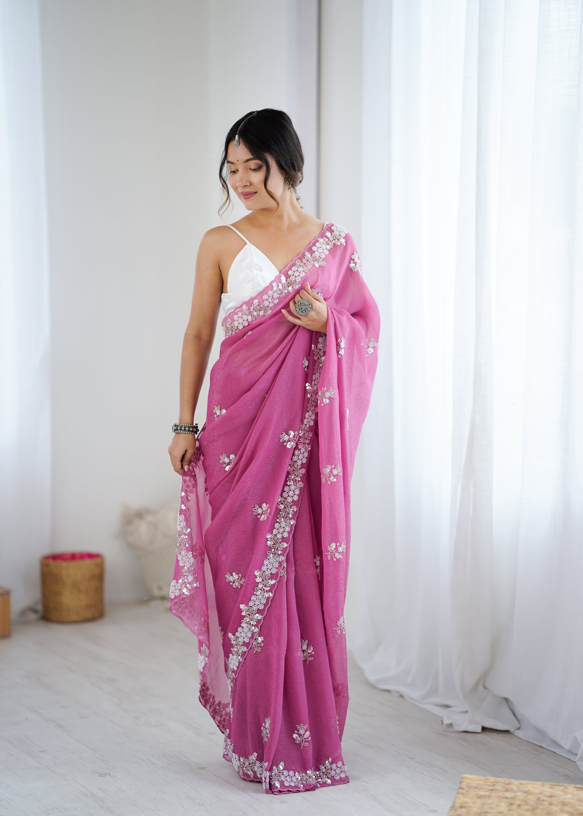 Pink Chiffon Crush Saree with Sequin N Bead Work