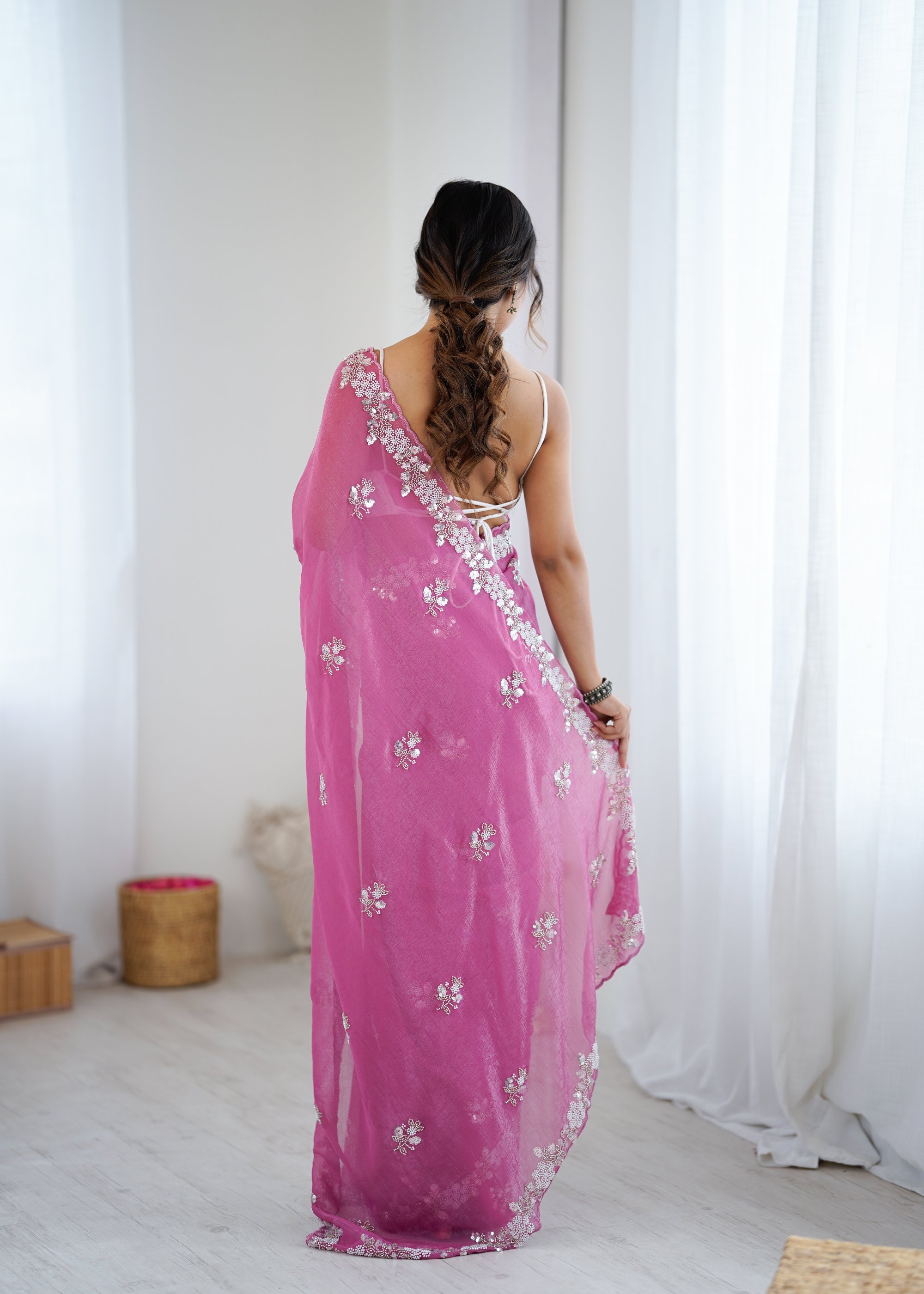 Pink Chiffon Crush Saree with Sequin N Bead Work — alternate view