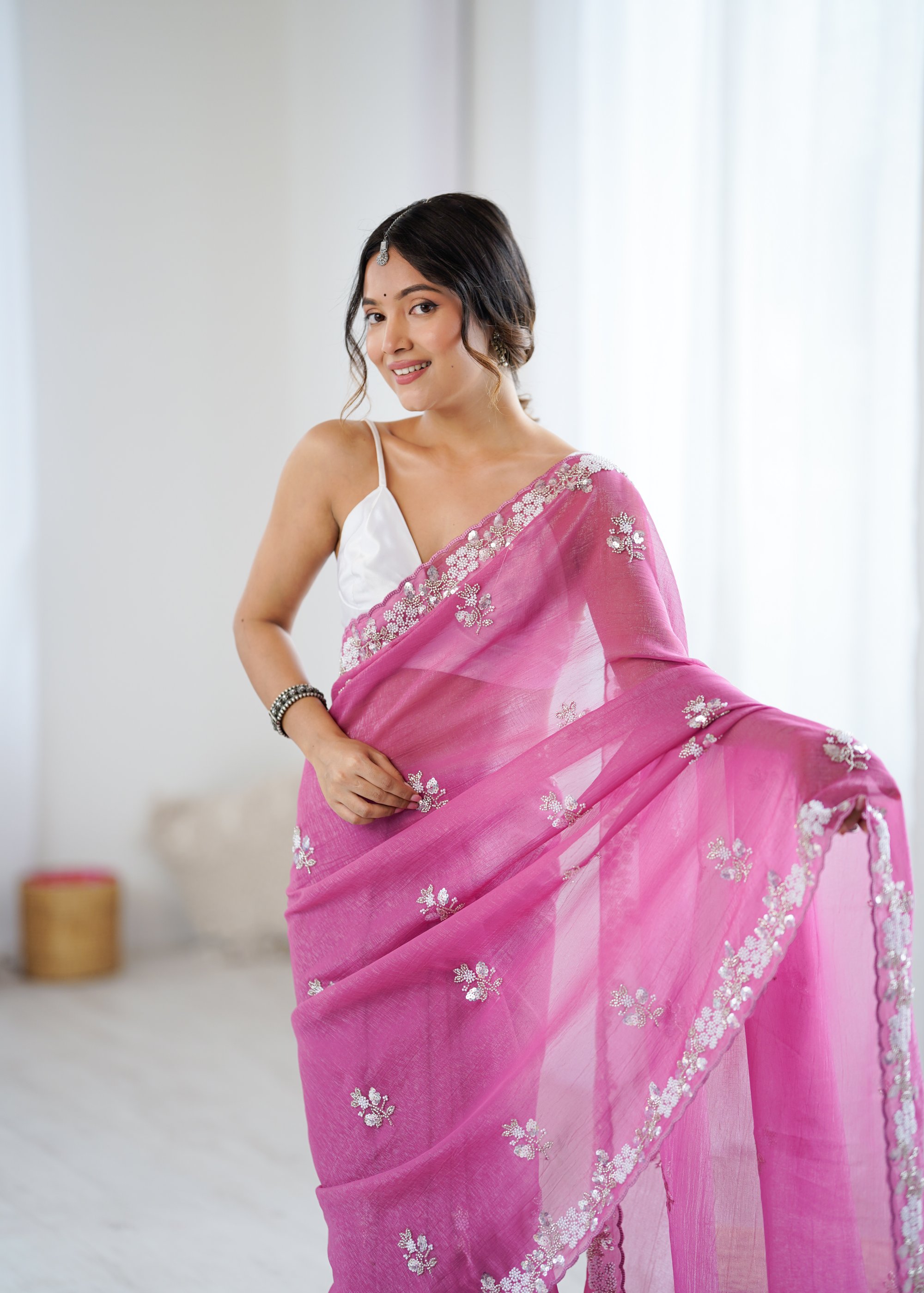 Pink Chiffon Crush Saree with Sequin N Bead Work