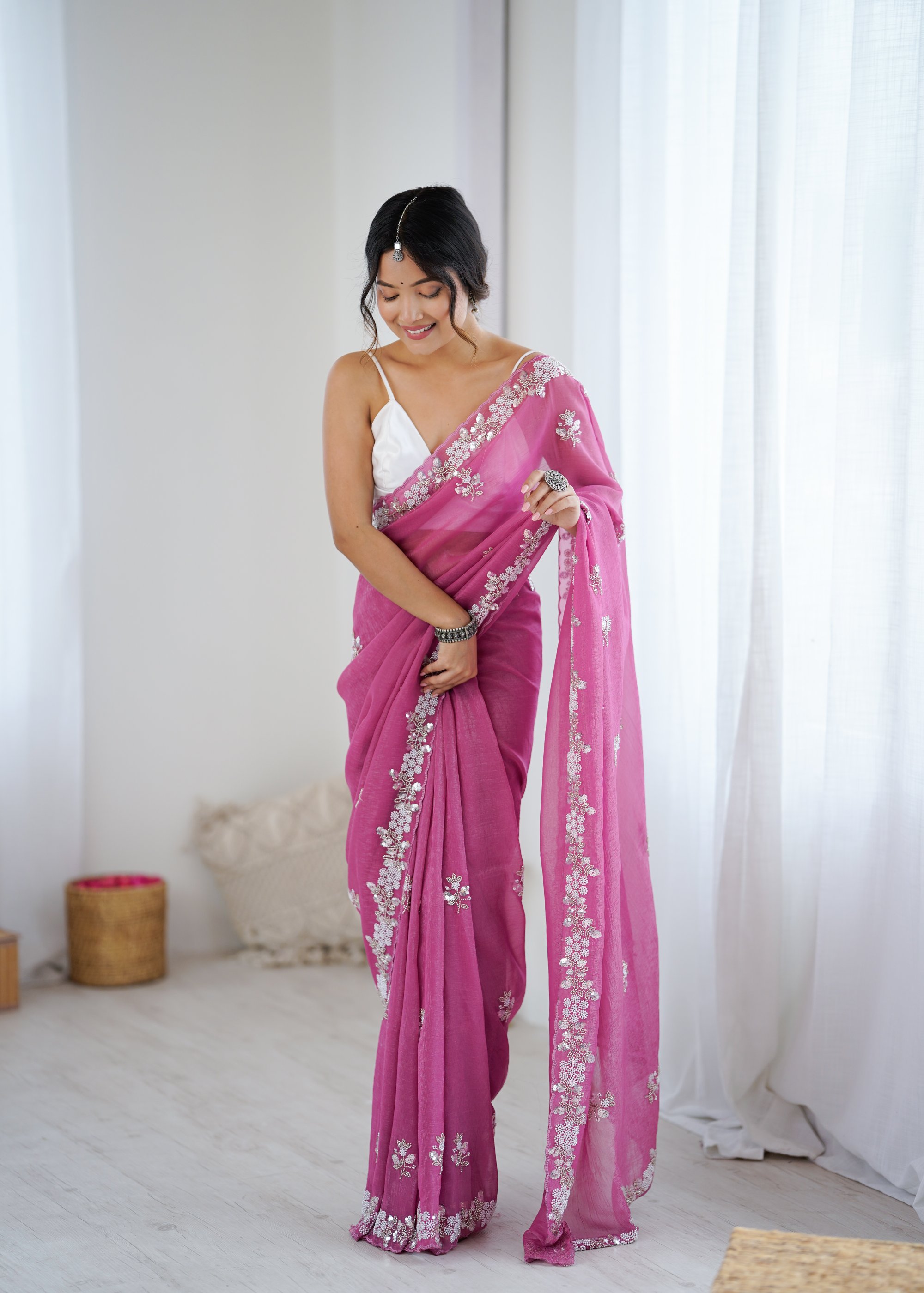 Pink Chiffon Crush Saree with Sequin N Bead Work