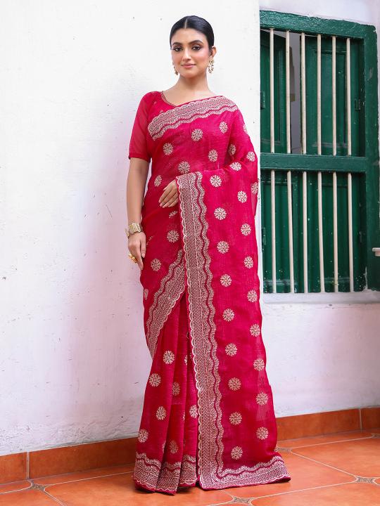 Pink Chiffon Saree with Embroidery Work