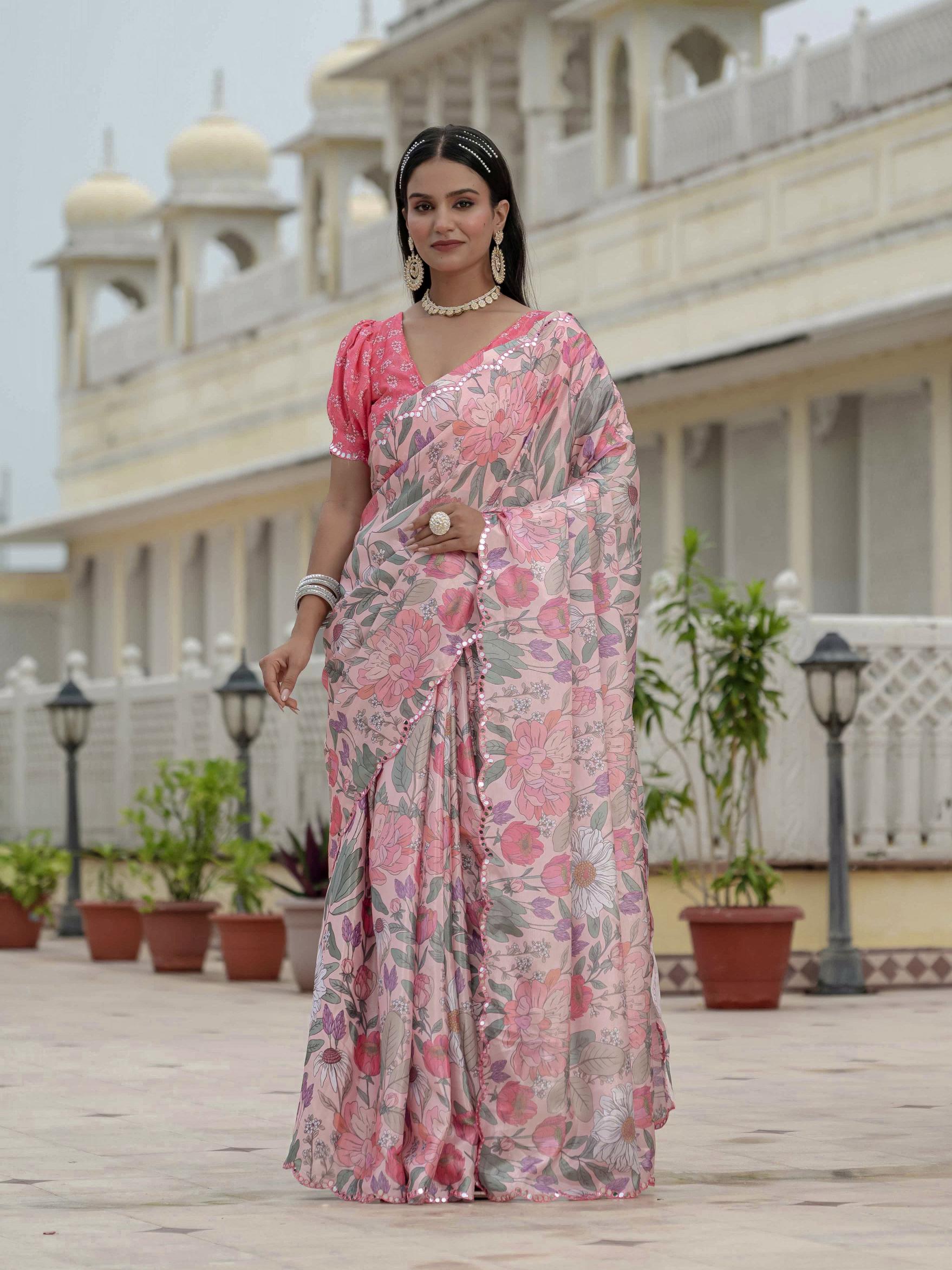 Pink Chinnon Ready To Wear Saree