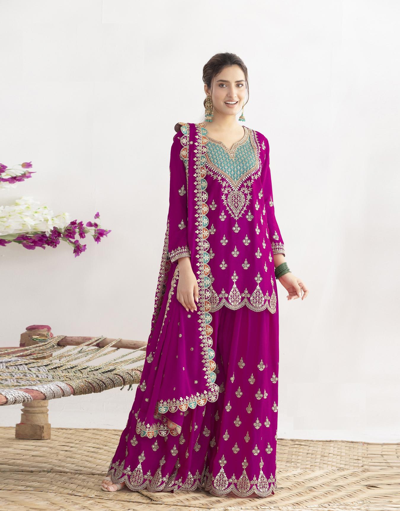 Pink Chinon Designer Embroidered Palazzo Suit