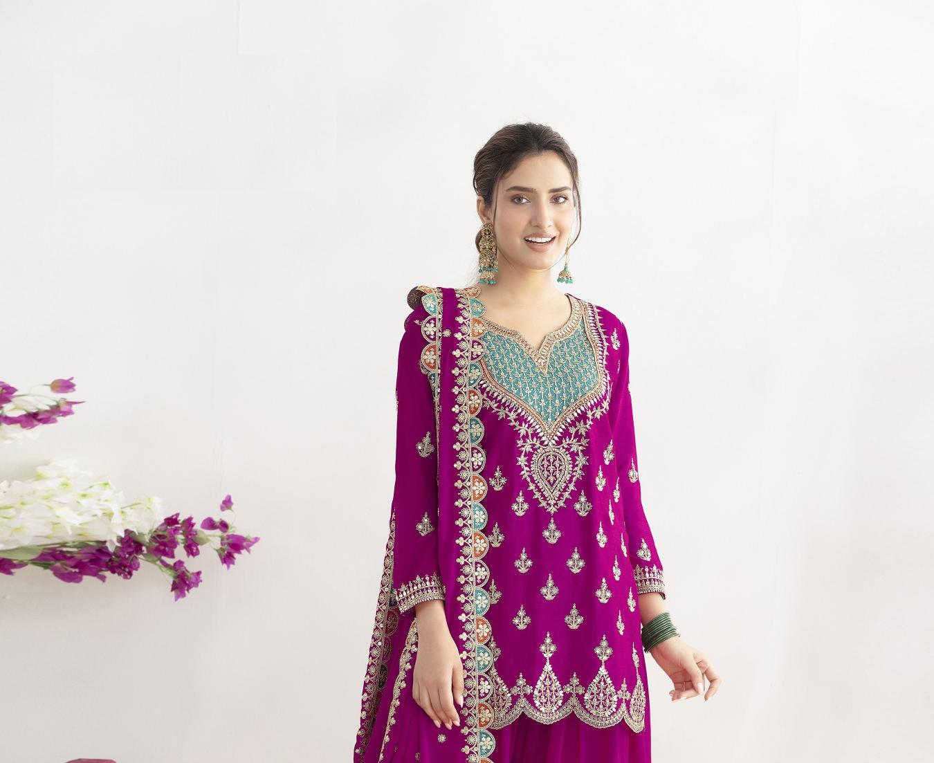Pink Chinon Designer Embroidered Palazzo Suit — alternate view
