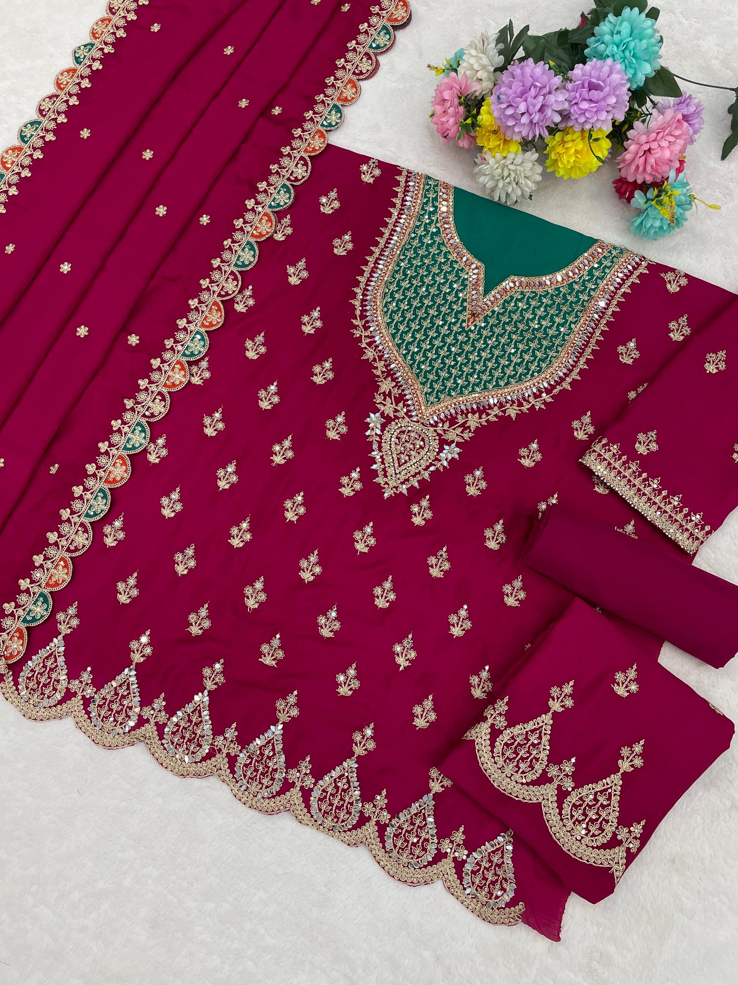 Pink Chinon Designer Embroidered Palazzo Suit