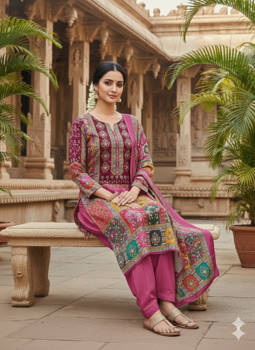 Pink Chinon Designer Printed Salwar Suit — alternate view