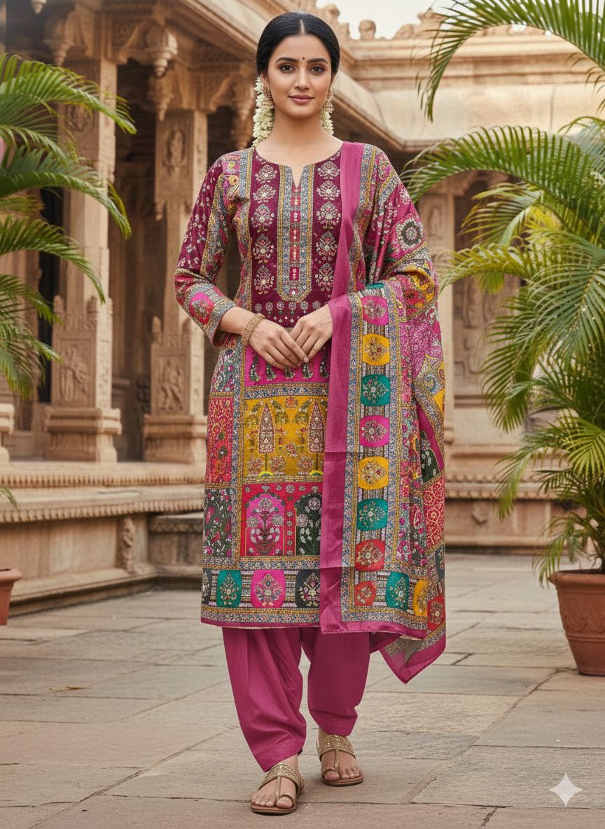 Pink Chinon Designer Printed Salwar Suit