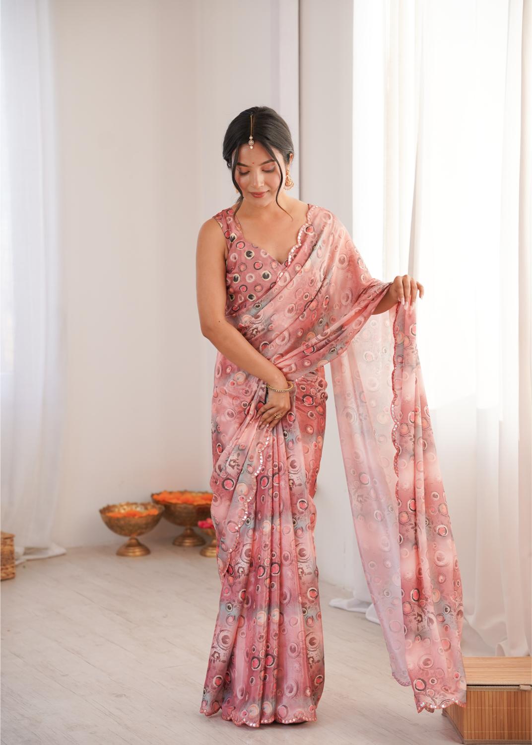 Pink Chinon Digital Printed Mirror Cut Work Saree
