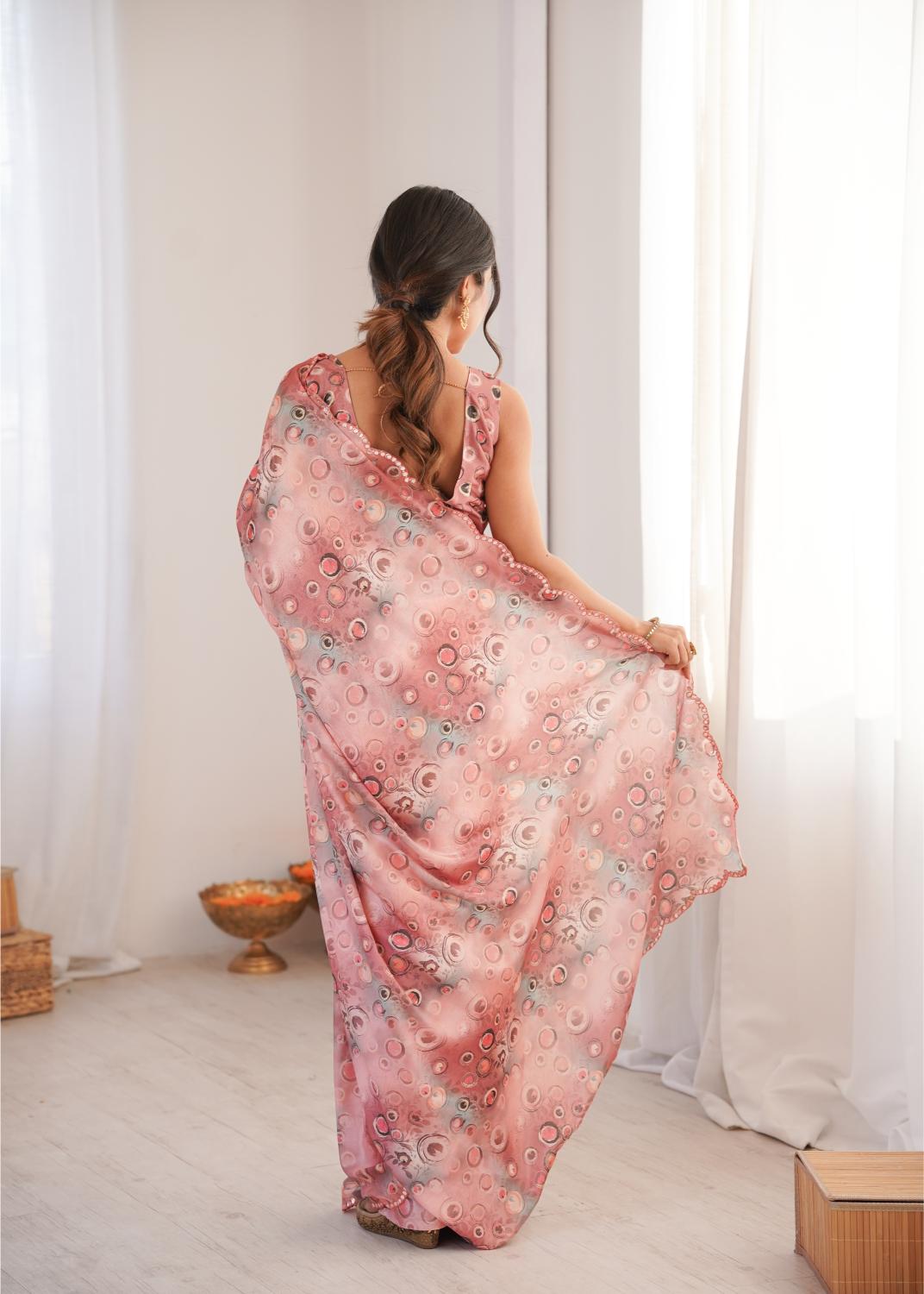 Pink Chinon Digital Printed Mirror Cut Work Saree — alternate view