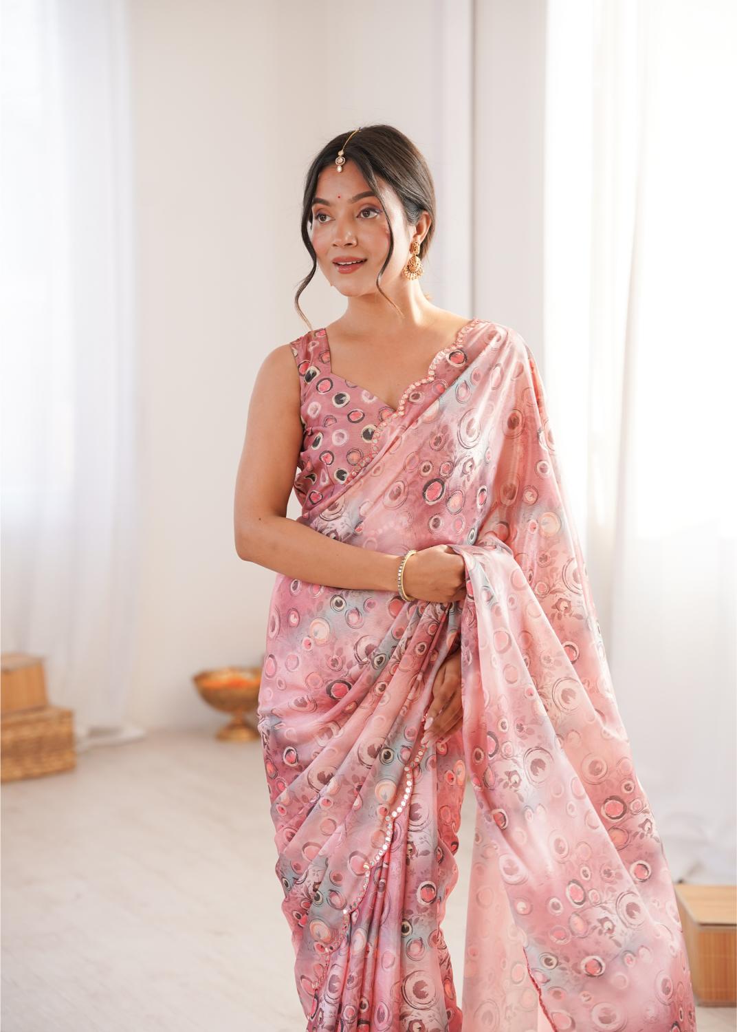 Pink Chinon Digital Printed Mirror Cut Work Saree