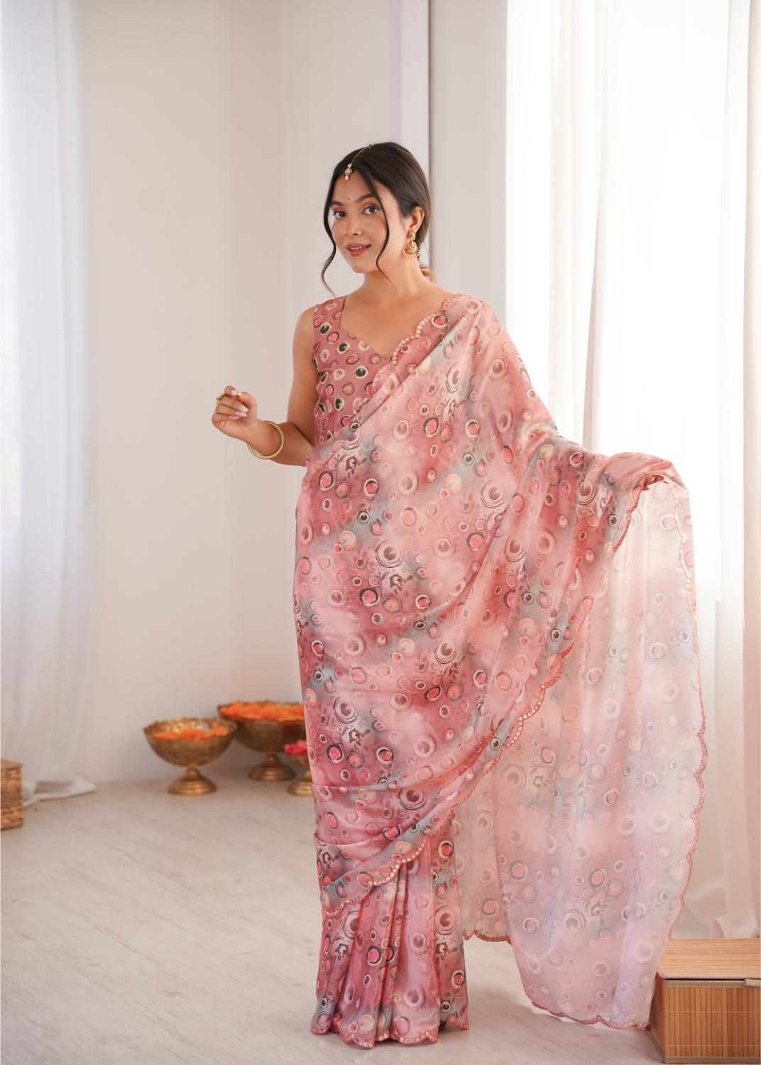 Pink Chinon Digital Printed Mirror Cut Work Saree