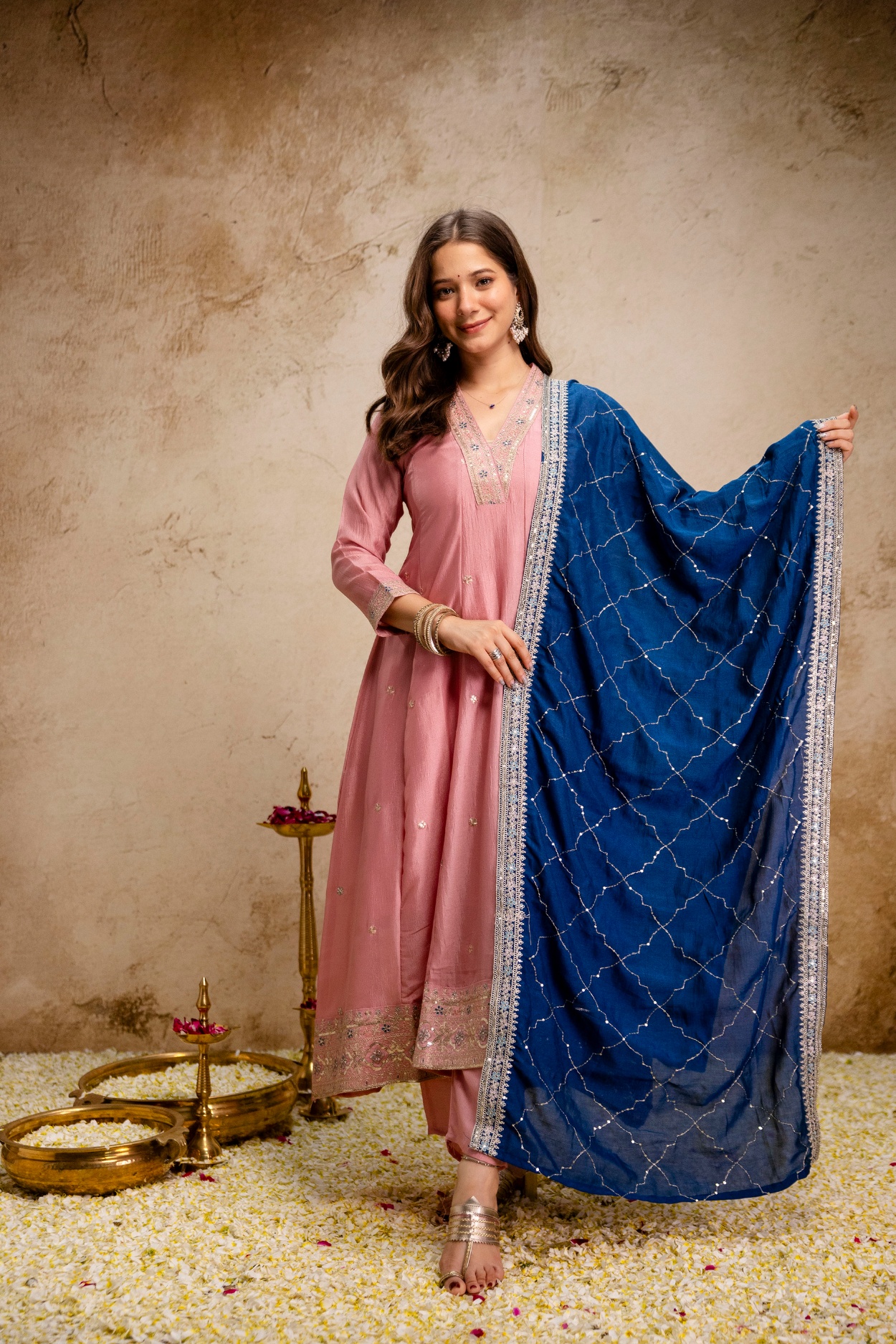 Pink Chinon Embroidered Anarkali Kurta Set