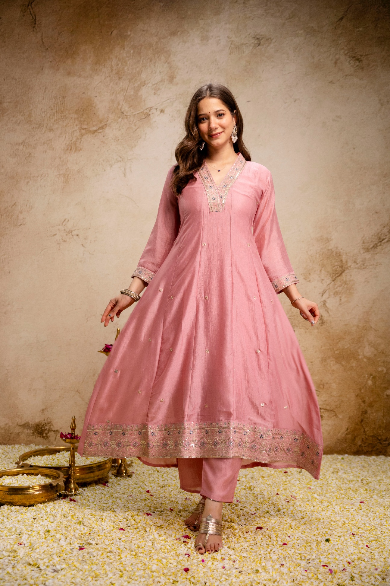 Pink Chinon Embroidered Anarkali Kurta Set
