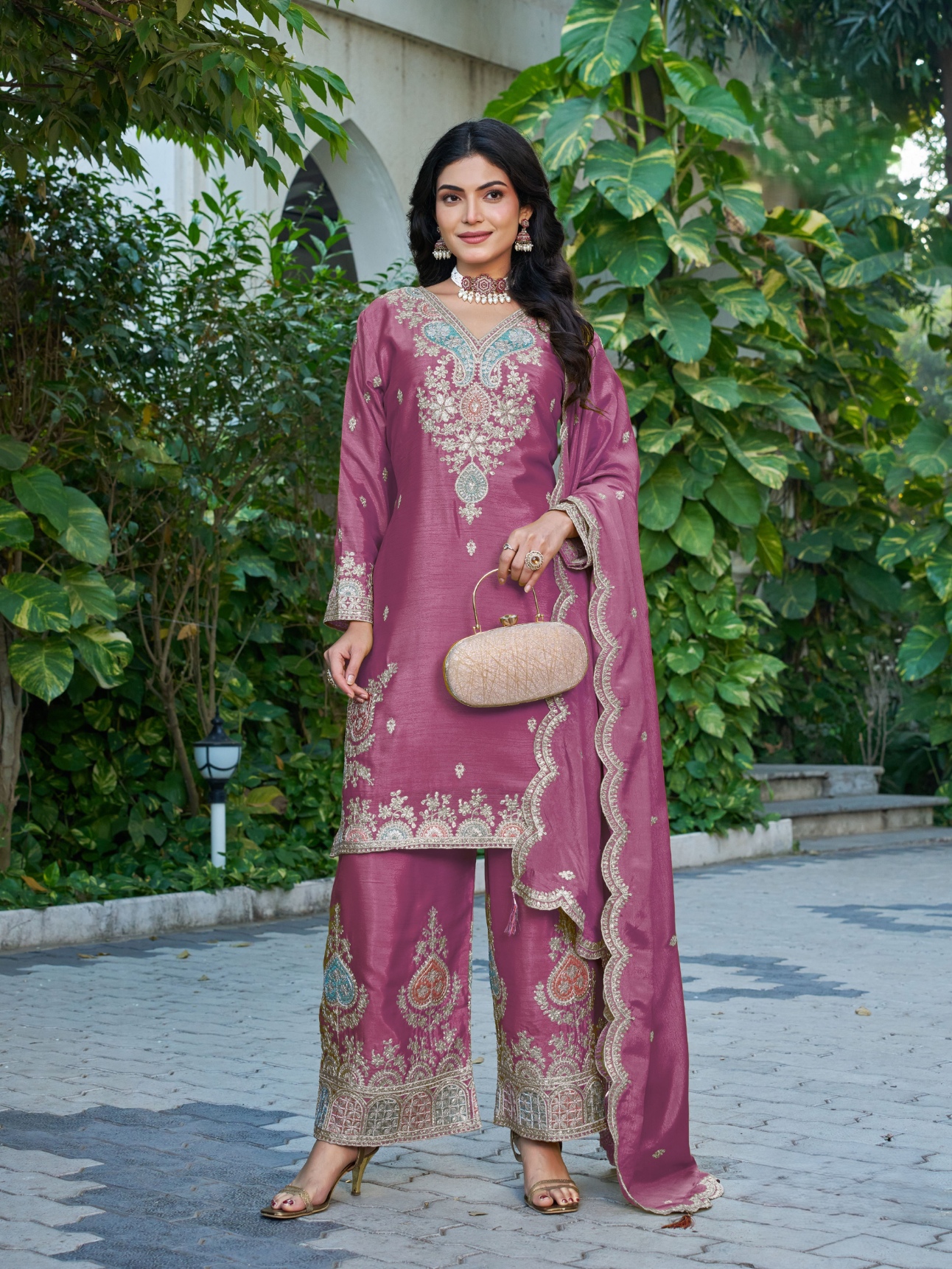 Pink Chinon Embroidered Straight Salwar Suit