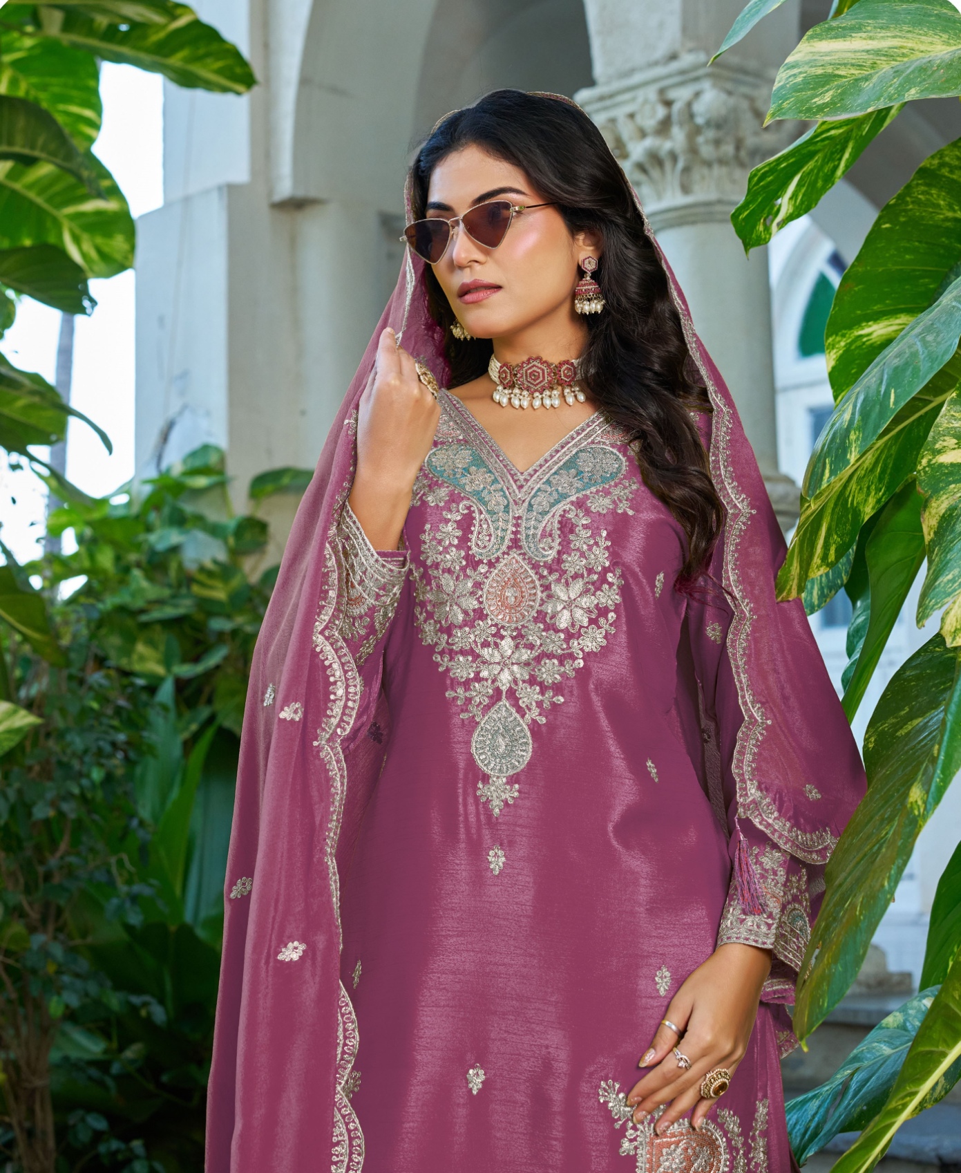 Pink Chinon Embroidered Straight Salwar Suit — alternate view