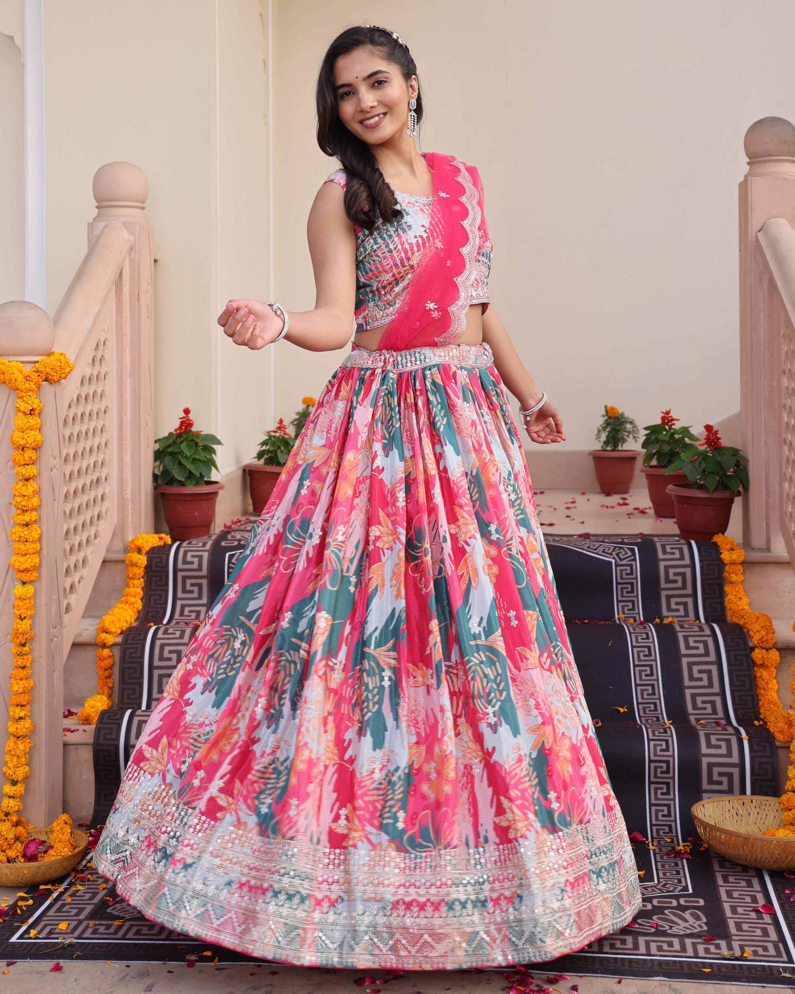 Pink Chinon Lehenga Choli