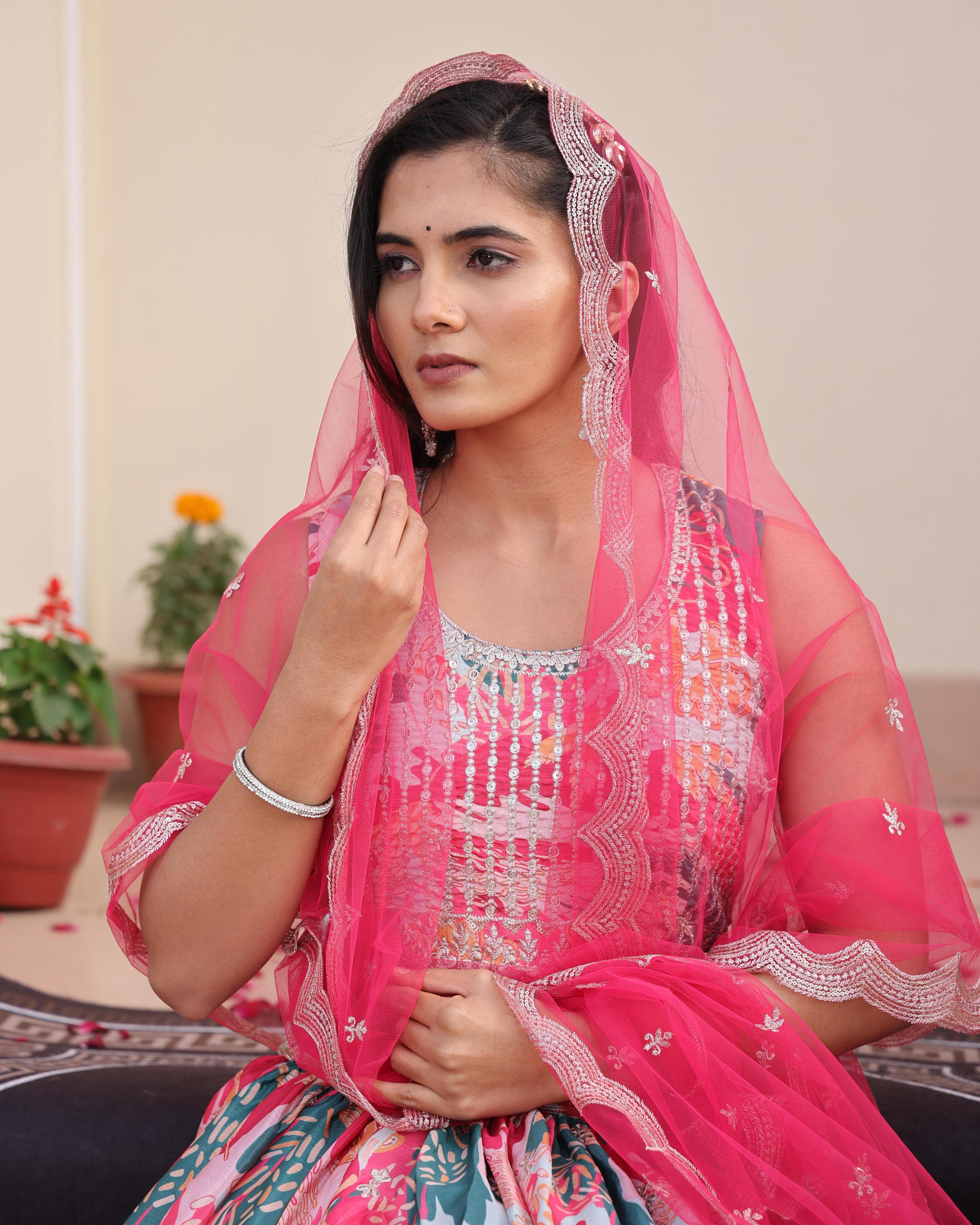 Pink Chinon Lehenga Choli