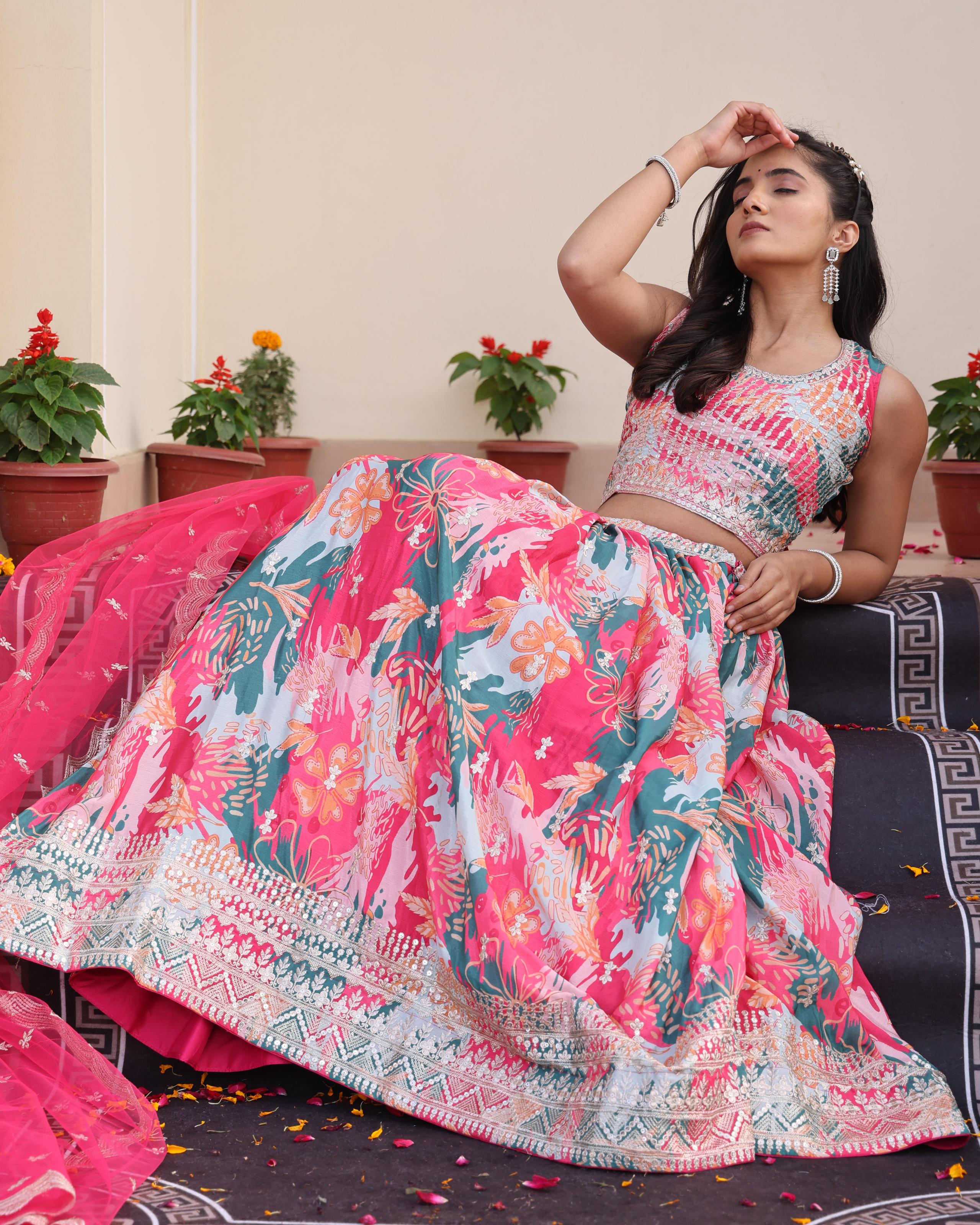 Pink Chinon Lehenga Choli