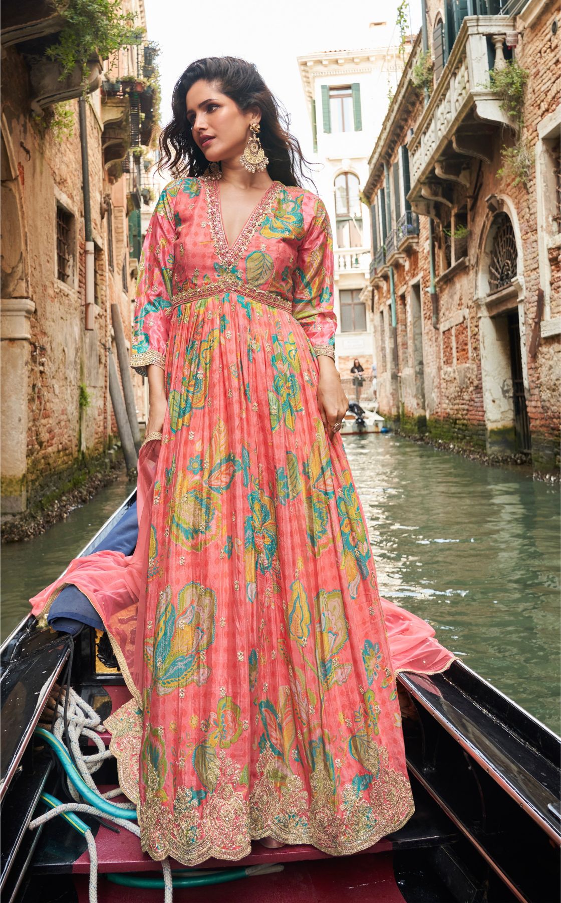 Pink Chinon Printed Embroidered Anarkali Gown