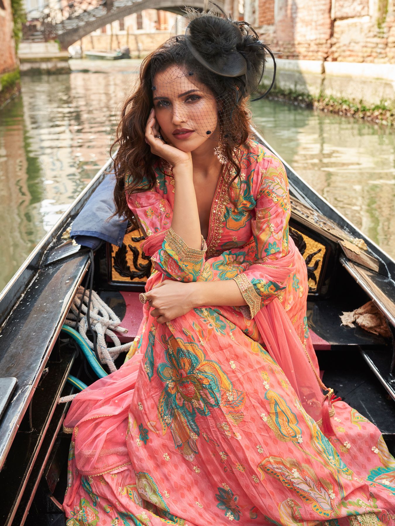 Pink Chinon Printed Embroidered Anarkali Gown — alternate view