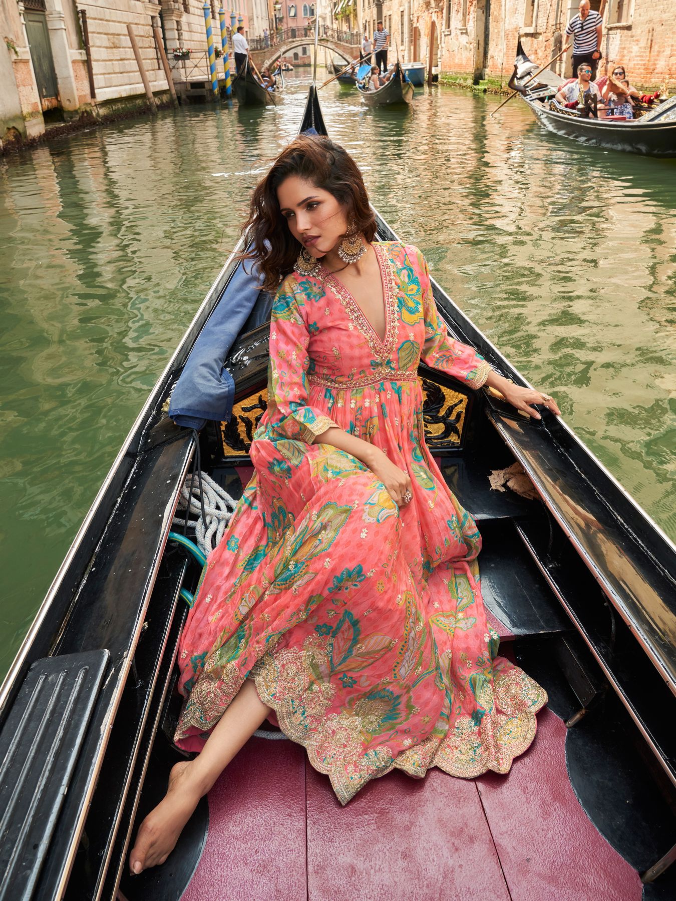 Pink Chinon Printed Embroidered Anarkali Gown