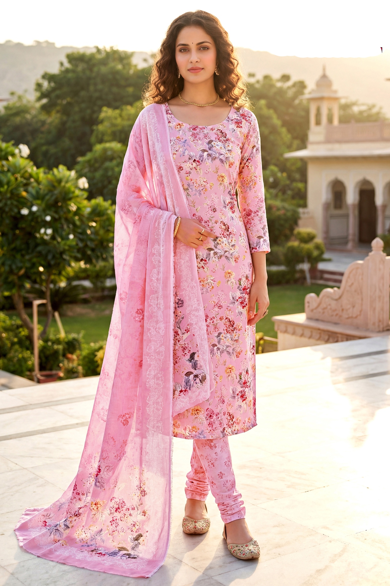 Pink Contemporary Digital Cambric A-Line Salwar Suit