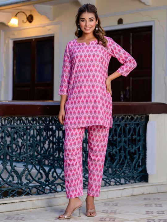 Pink Cotton Blend Designer Printed Co-Ord Set