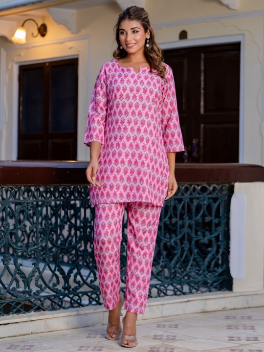 Pink Cotton Blend Designer Printed Co-Ord Set