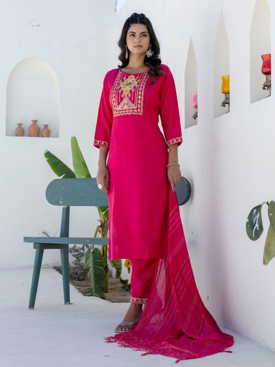 Pink Cotton Blend Readymade Suits