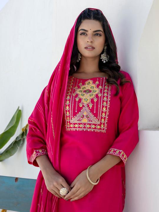 Pink Cotton Blend Readymade Suits