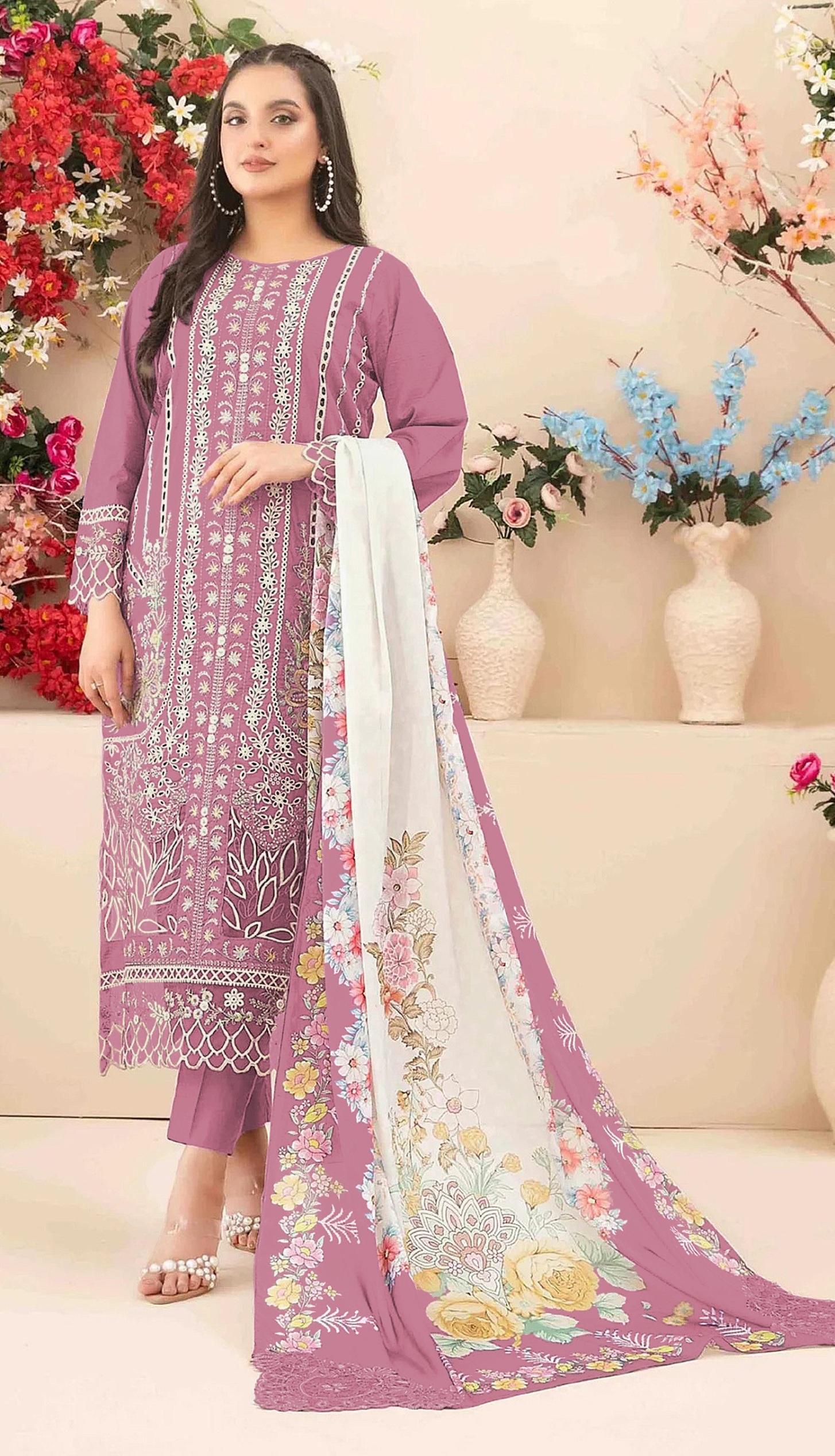 Pink Cotton Ornamental Threadwork Salwar Suit