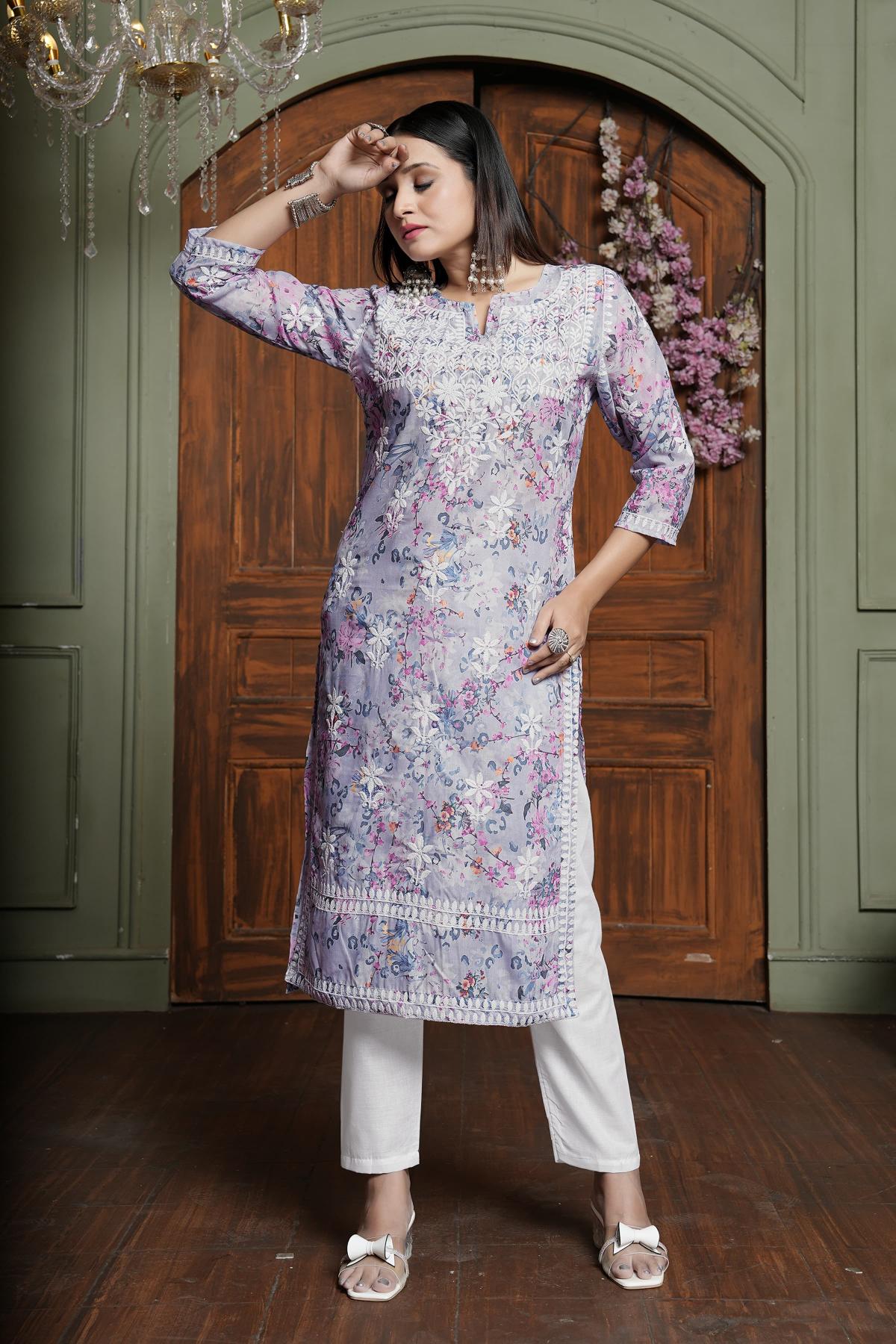Pink Cotton Printed Embroidery Kurti