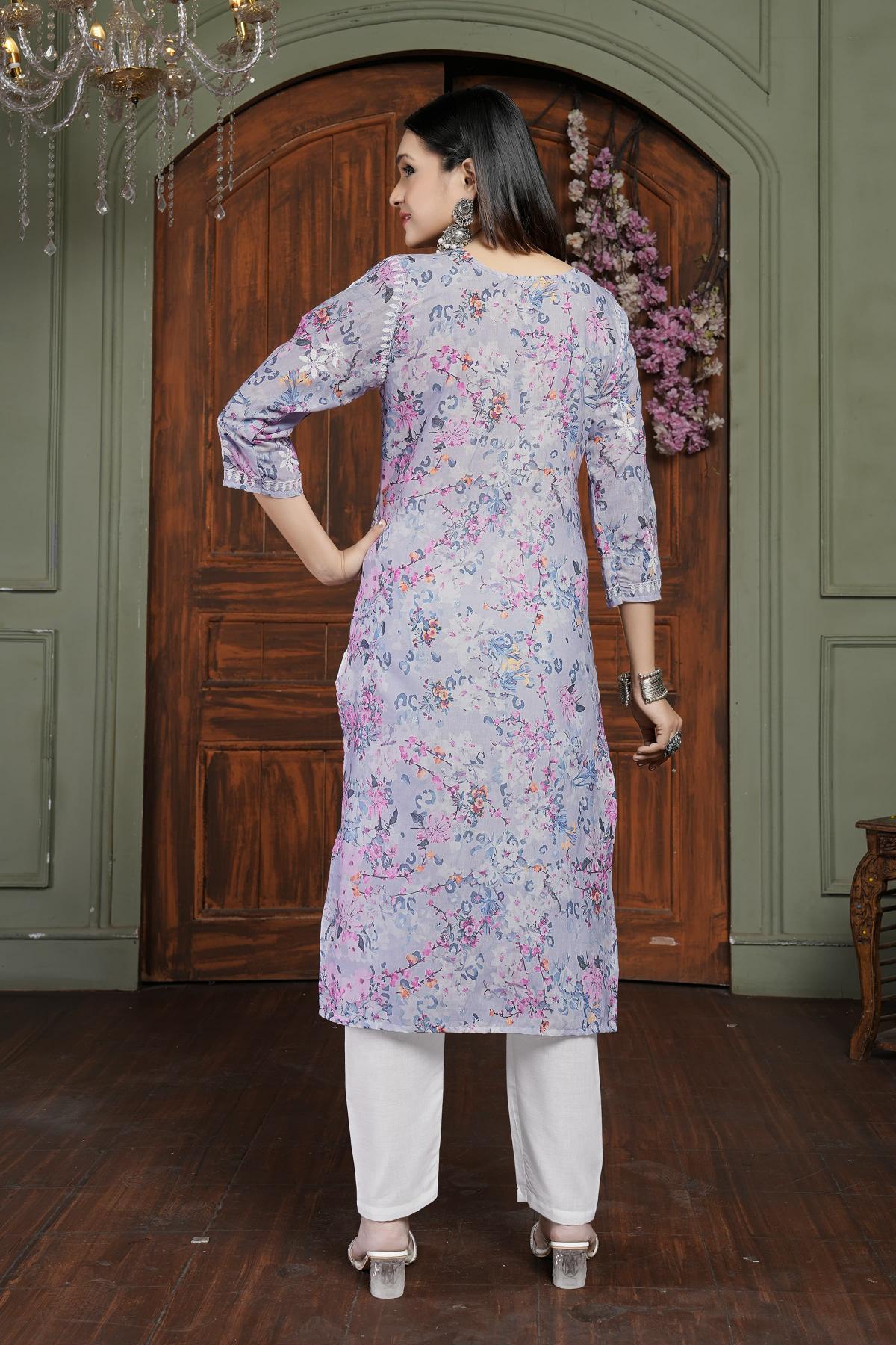 Pink Cotton Printed Embroidery Kurti