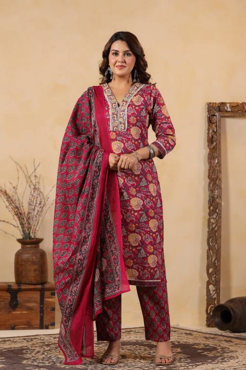 Pink Cotton Printed Moti Hand Work Salwar Suit