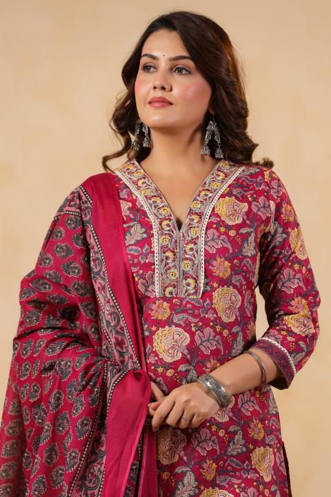 Pink Cotton Printed Moti Hand Work Salwar Suit