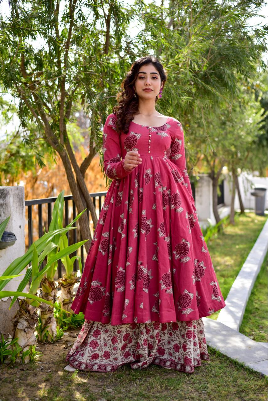 Pink Cotton Silk Designer Printed Kurti