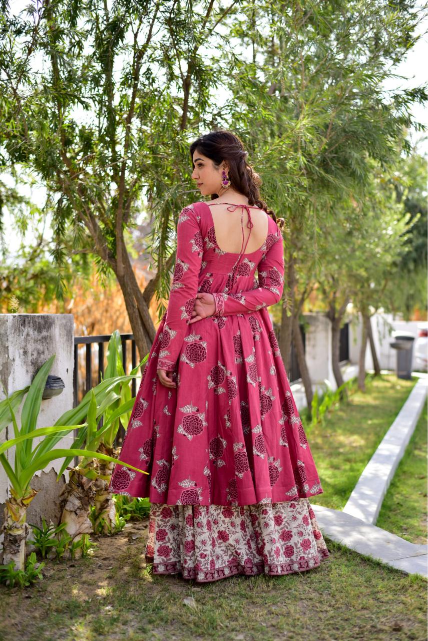 Pink Cotton Silk Designer Printed Kurti