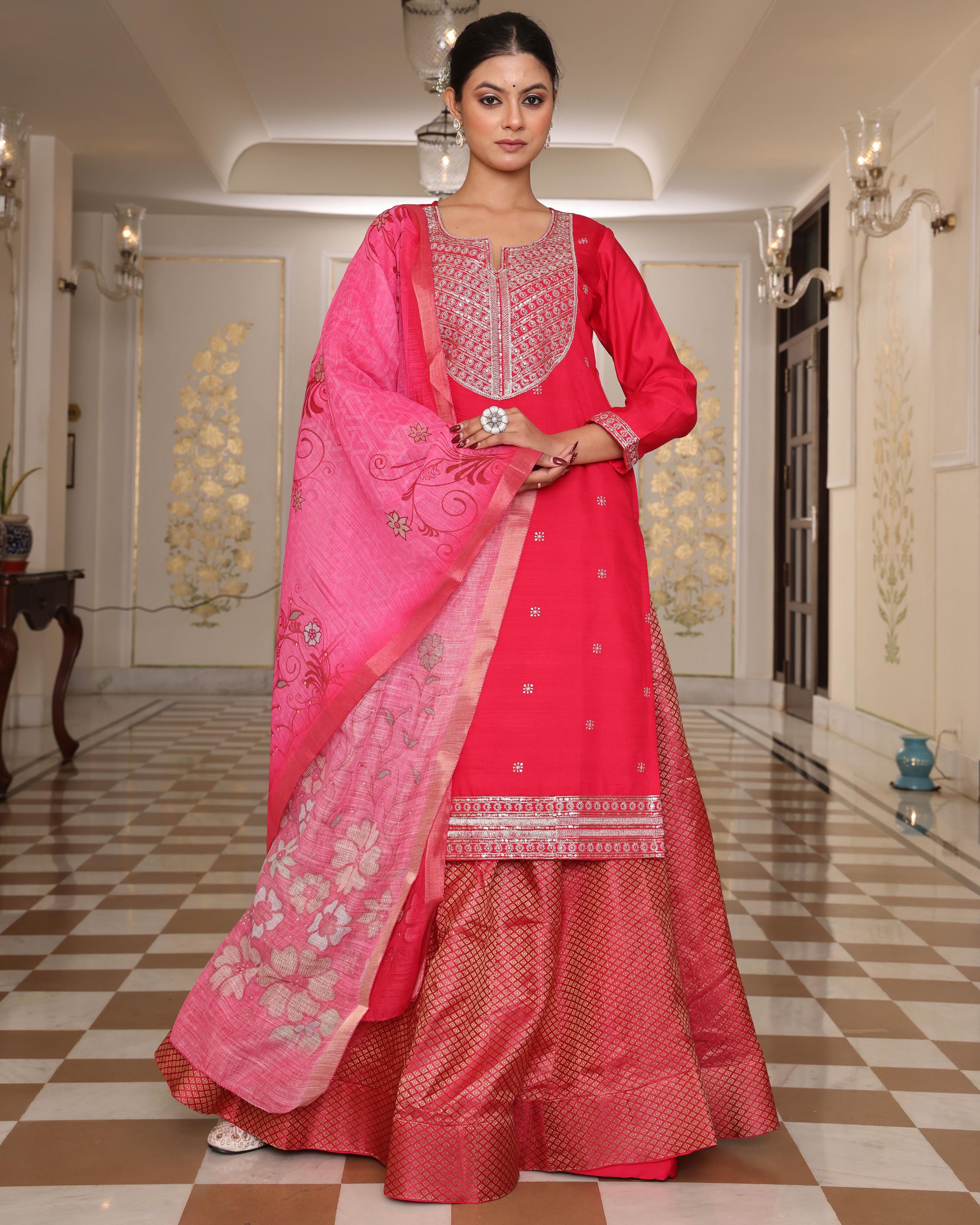 Pink Cotton Silk Embroidered Lehenga Long Choli