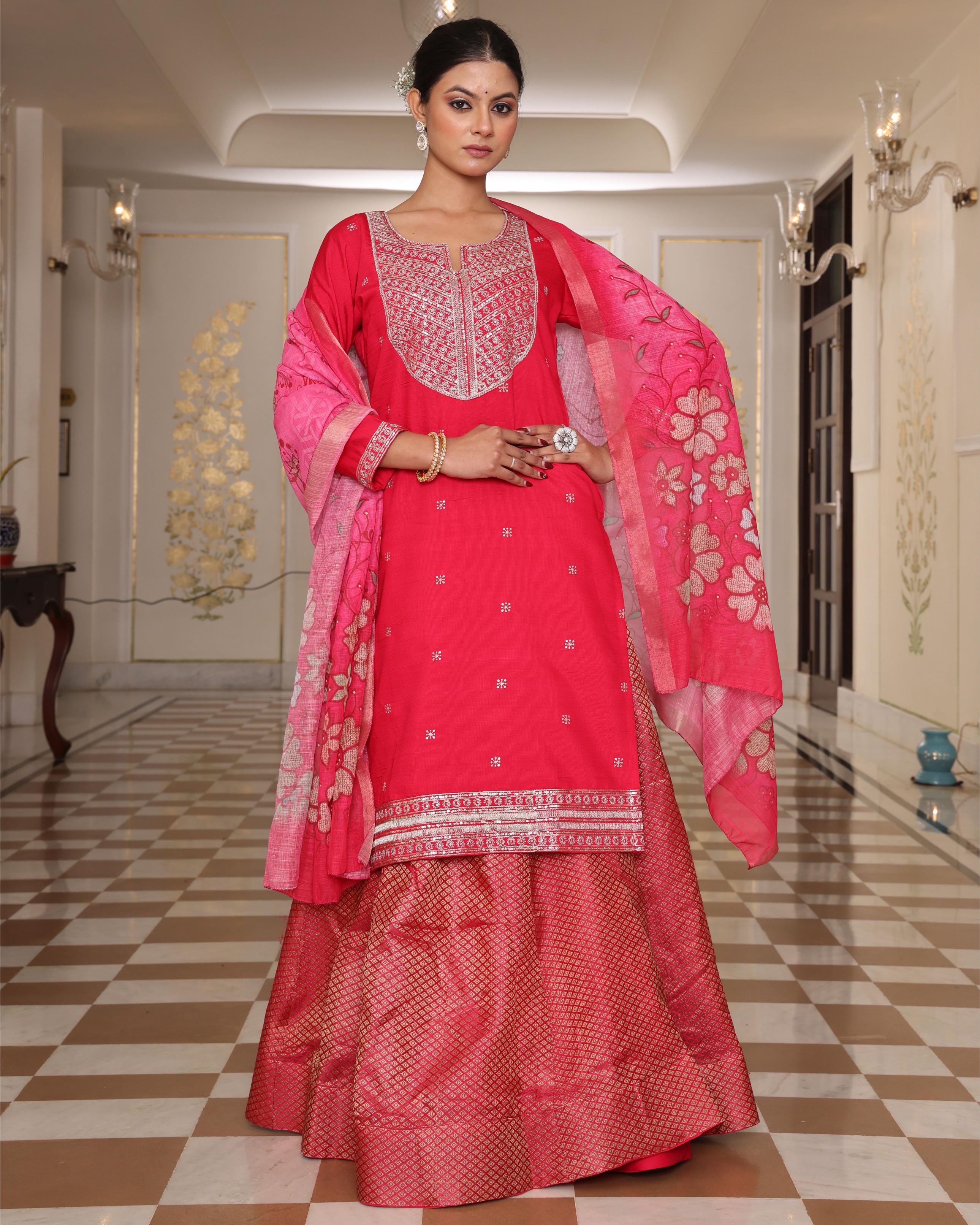 Pink Cotton Silk Embroidered Lehenga Long Choli