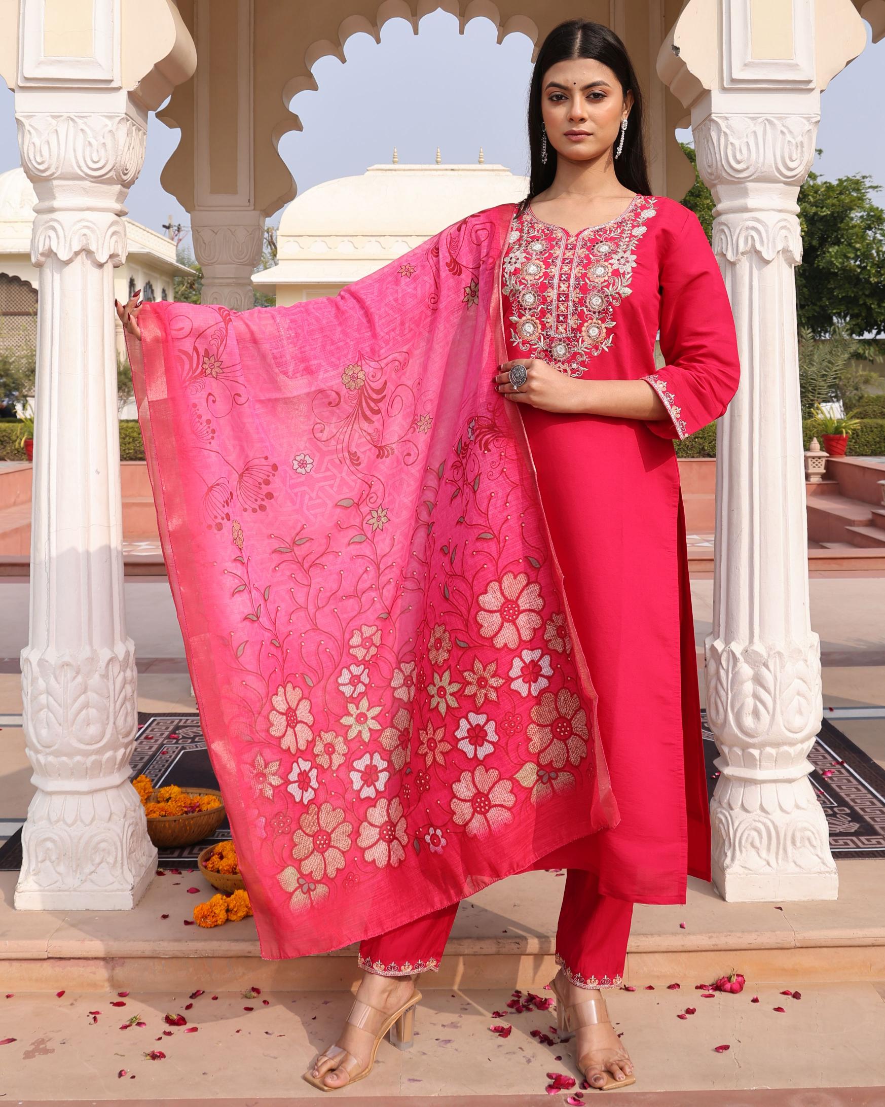 Pink Cotton Silk Embroidered Readymade Suit