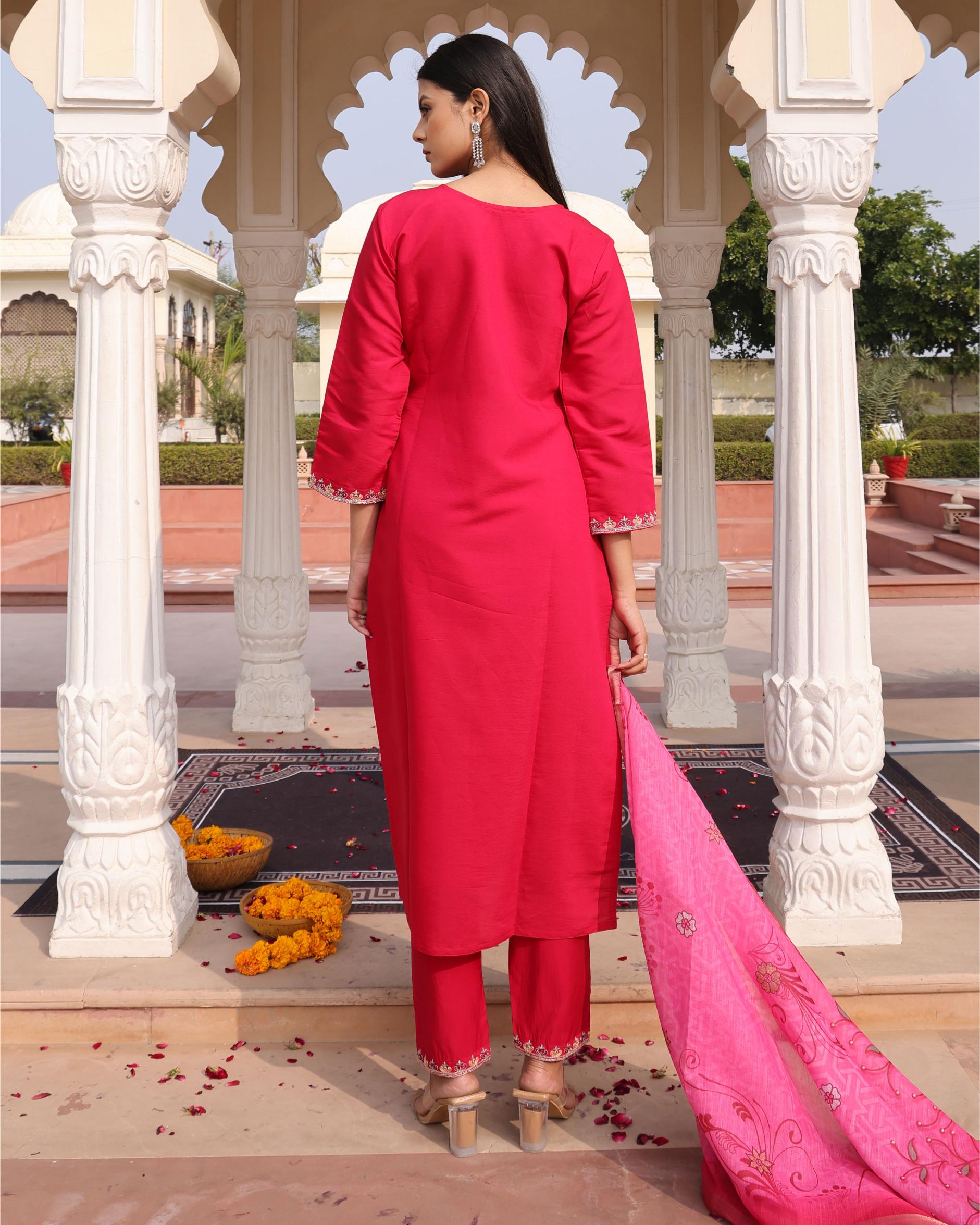 Pink Cotton Silk Embroidered Readymade Suit — alternate view