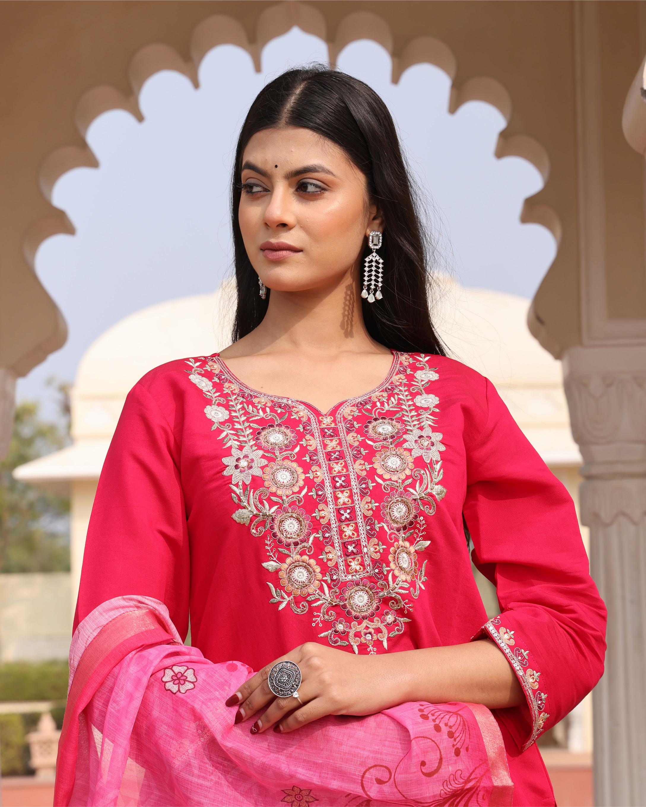 Pink Cotton Silk Embroidered Readymade Suit