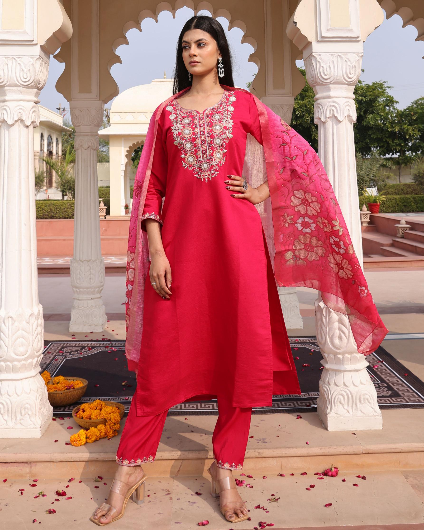 Pink Cotton Silk Embroidered Readymade Suit